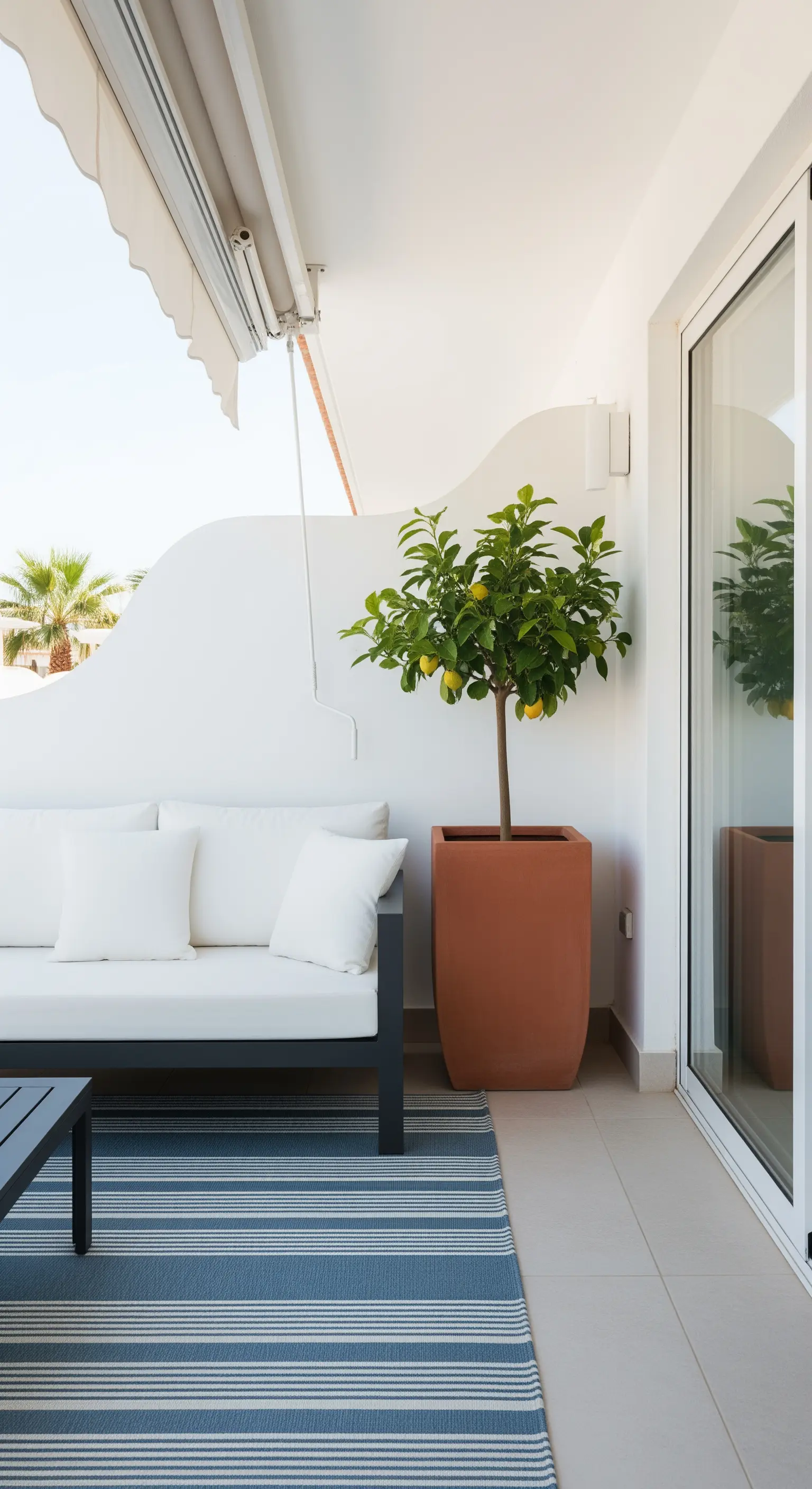Moderner Balkon mit grauem Sofa, gestreiftem Teppich und Zitronenbaum in Terrakottatopf.
