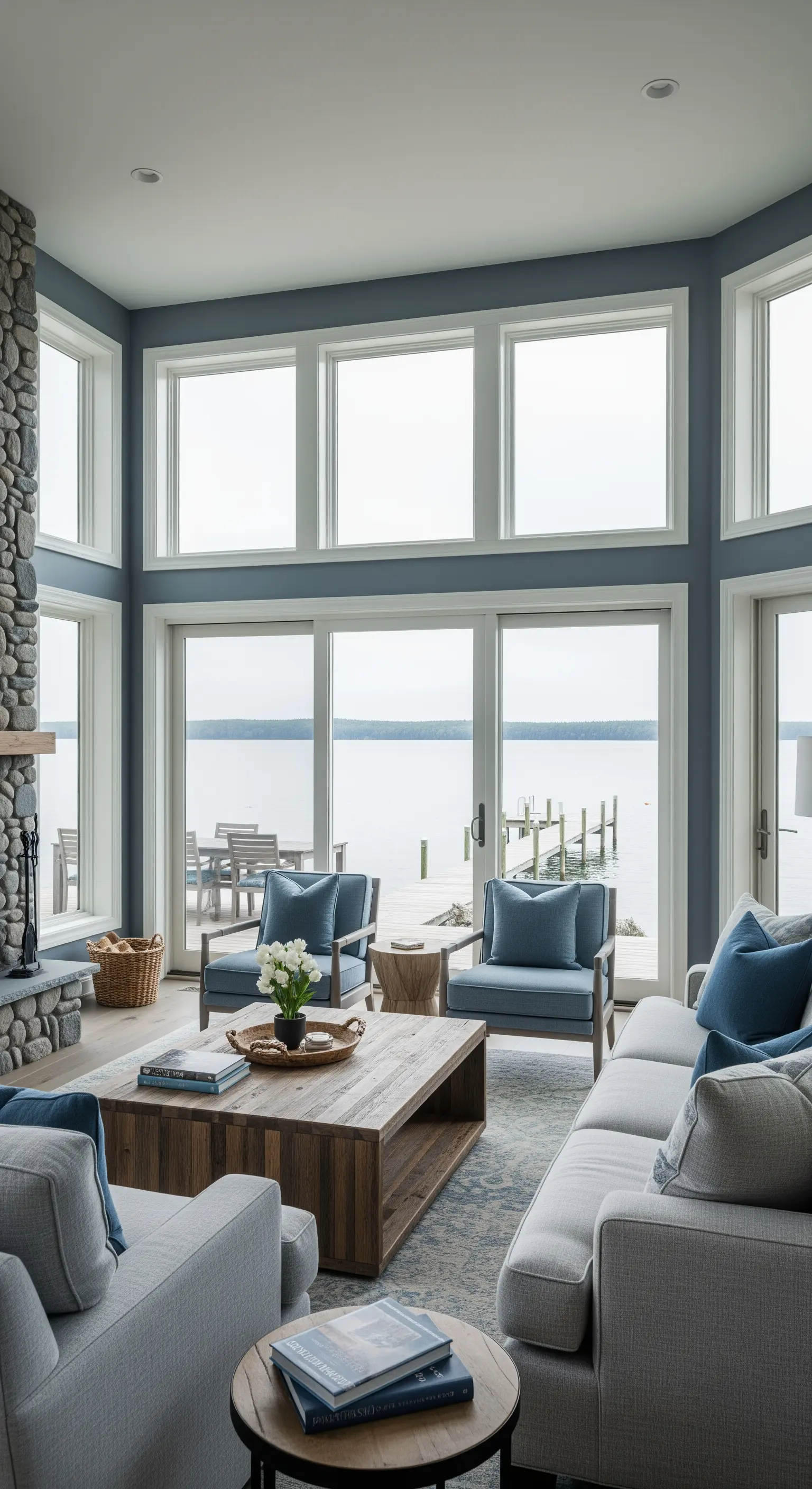 Wohnzimmer am See mit Steinkamin, graublauen Wänden und Holzcouchtisch.