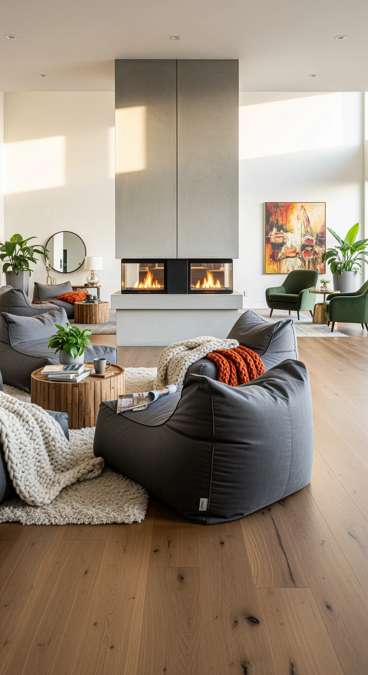 Modernes Wohnzimmer mit doppelseitigem Kamin, Sitzsäcken, Strickdecken und Zimmerpflanzen.