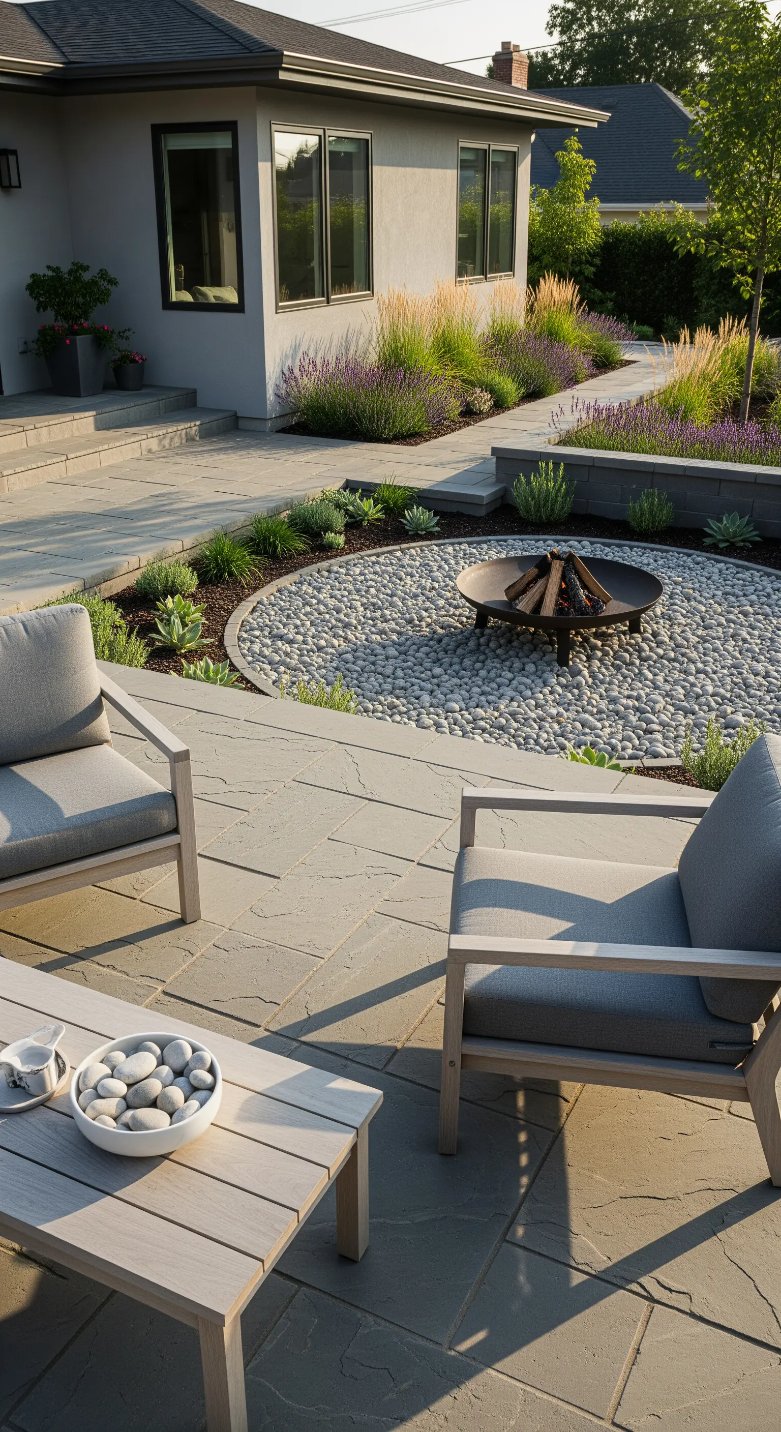 Japandi Outdoor-Lounge mit Feuerstelle, Pflaster und Lavendel