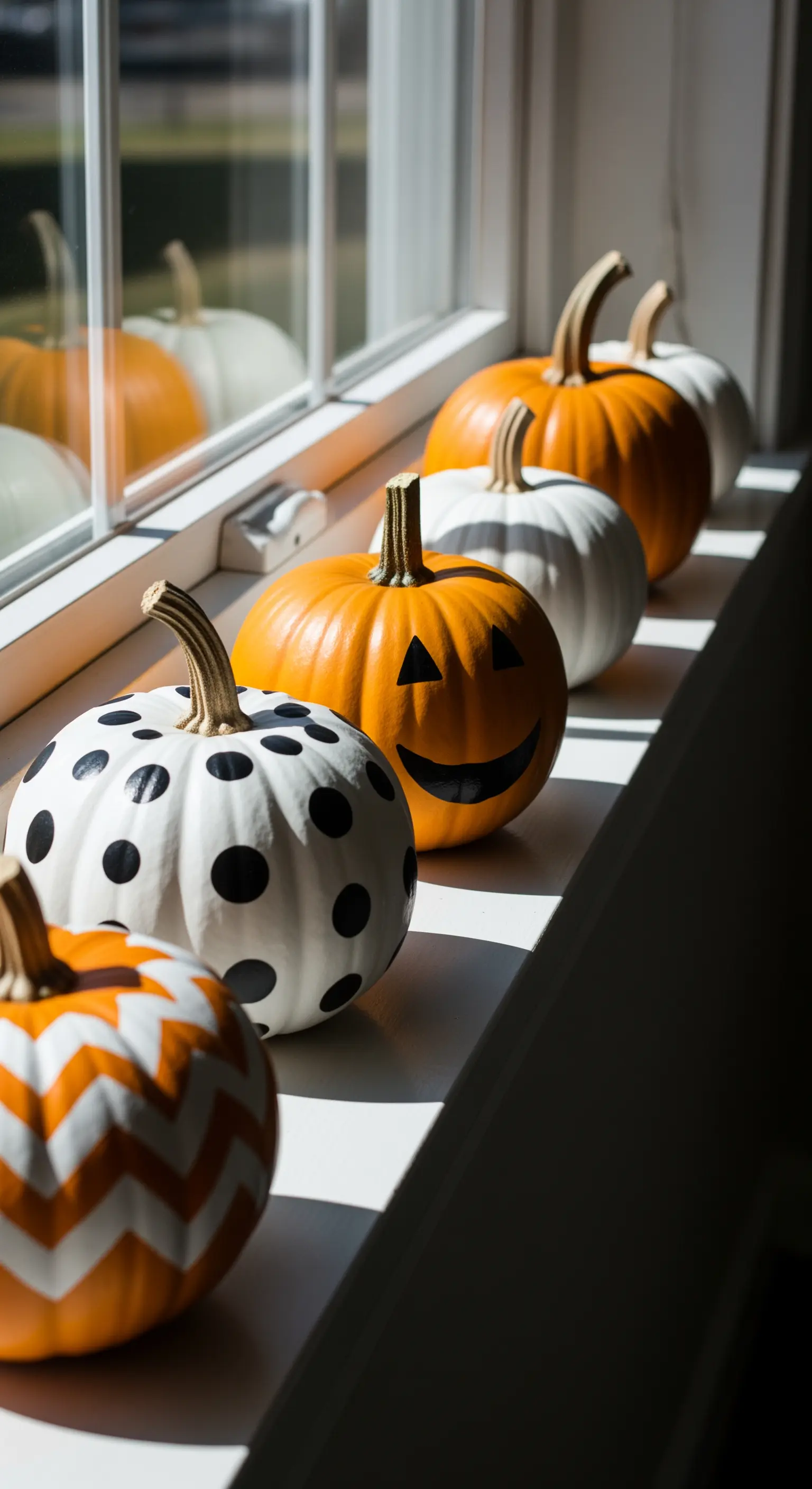 Eine Reihe von weißen und orangen Kürbissen auf einer Fensterbank, die mit modernen Mustern bemalt sind.