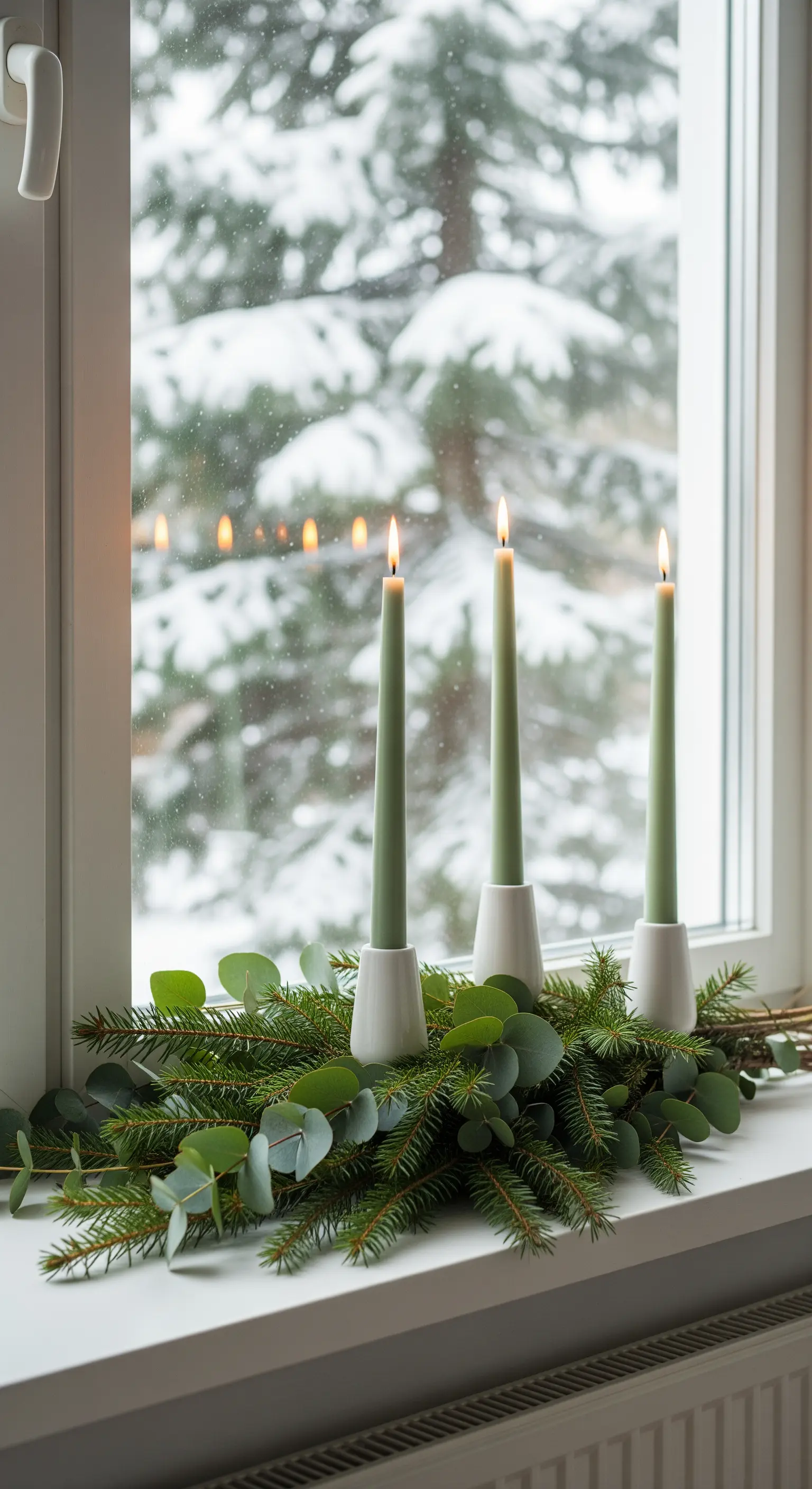 Drei salbeigrüne Stabkerzen in weißen Haltern auf einem Bett aus Eukalyptus.