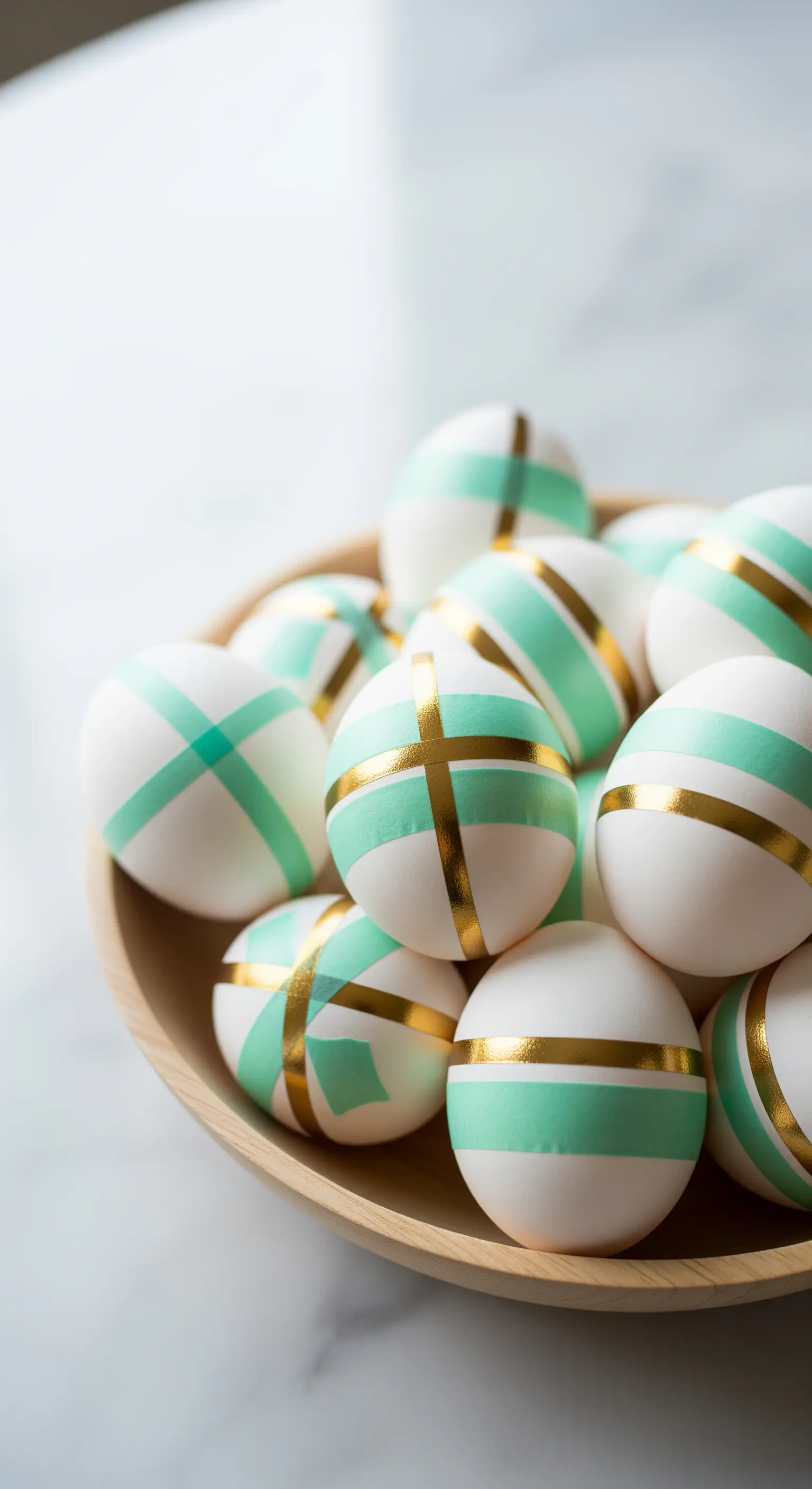 Ostereier mit Gold- und Pastell-Folie in geometrischen Mustern in Holzschale