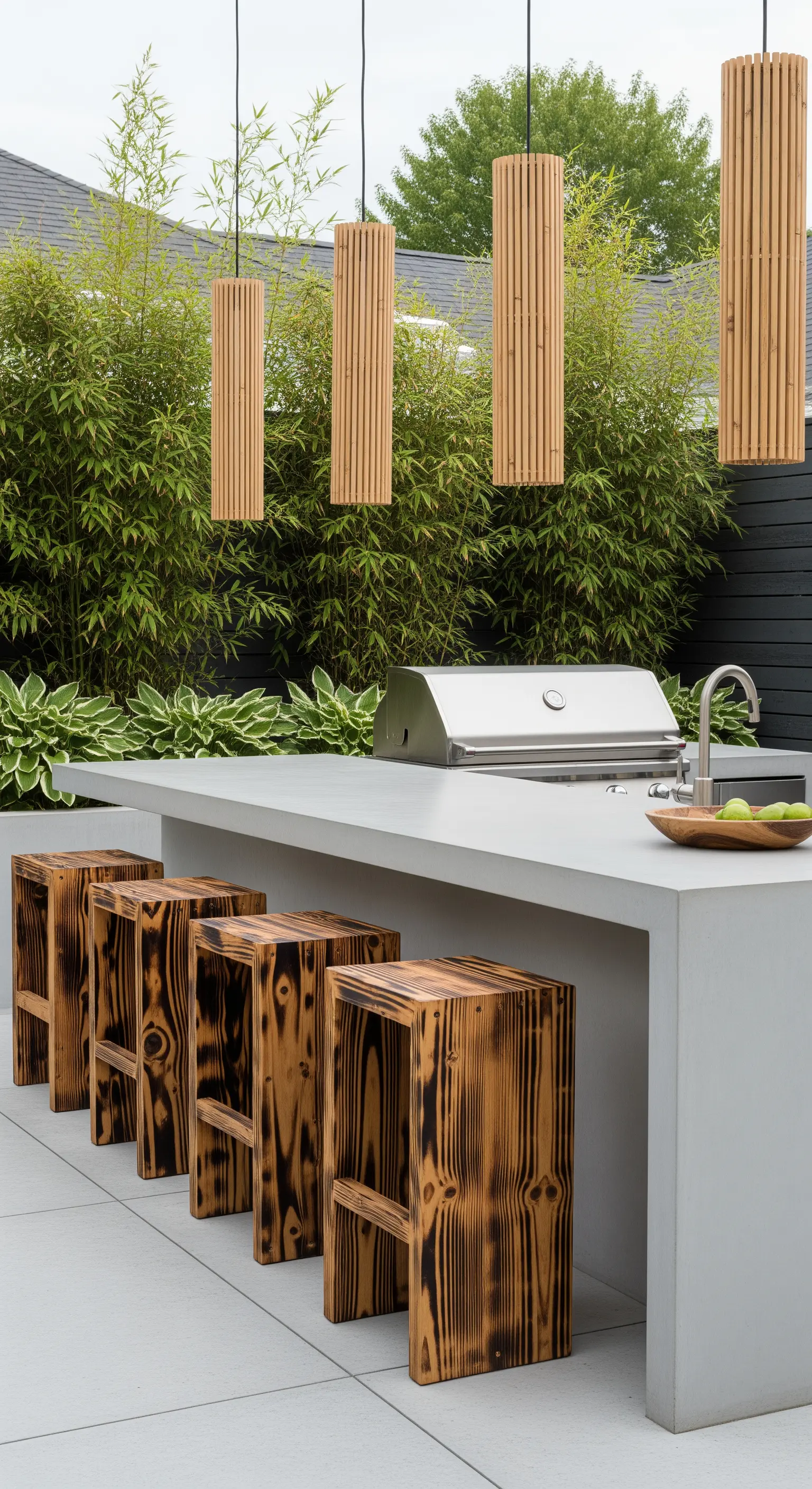 Outdoor-Küche mit Betoninsel, Bambuslampen und geflammten Holzstühlen