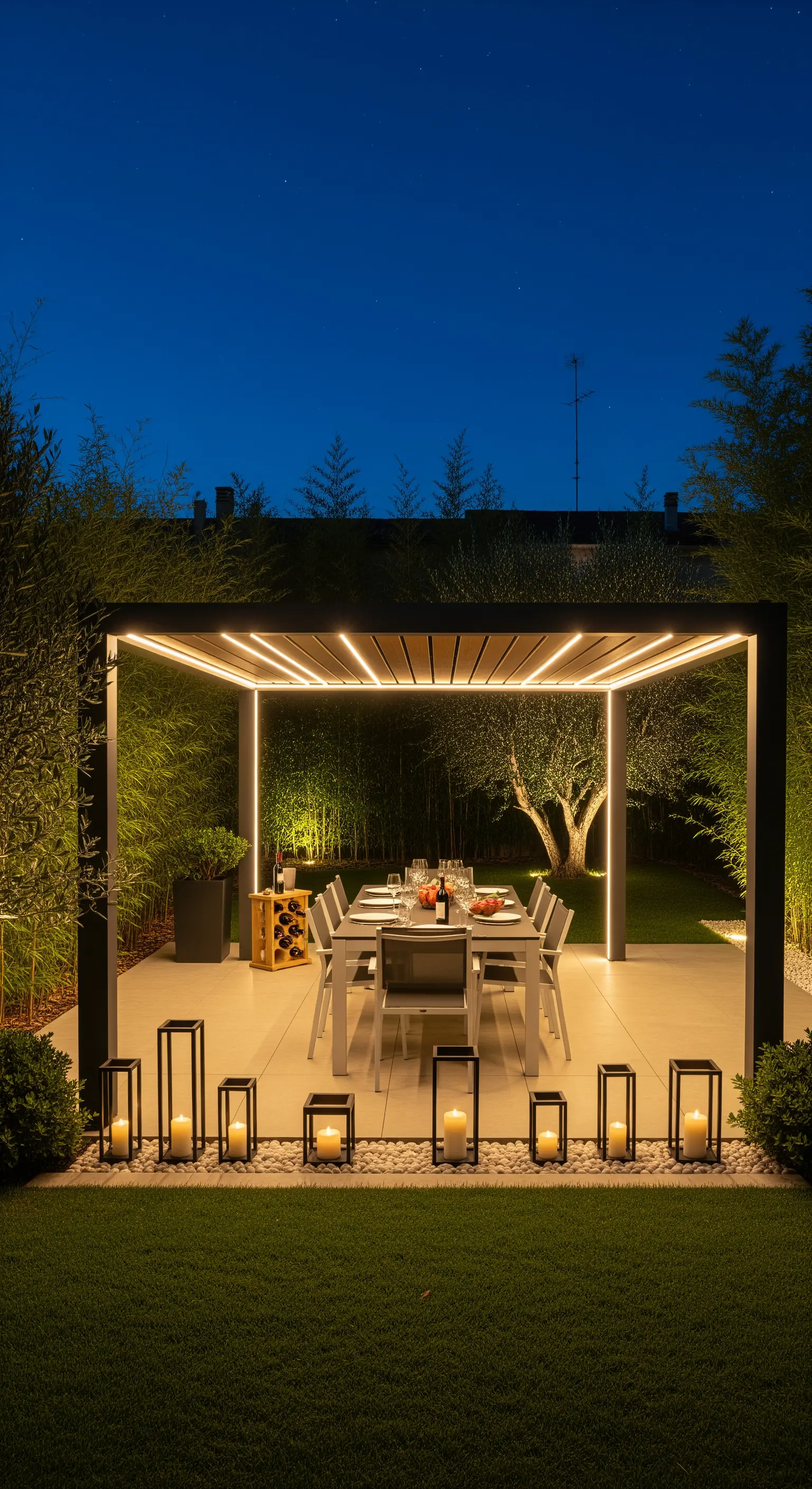 Moderne Pergola, LED-Beleuchtung, minimalistischer Tisch, Laternen