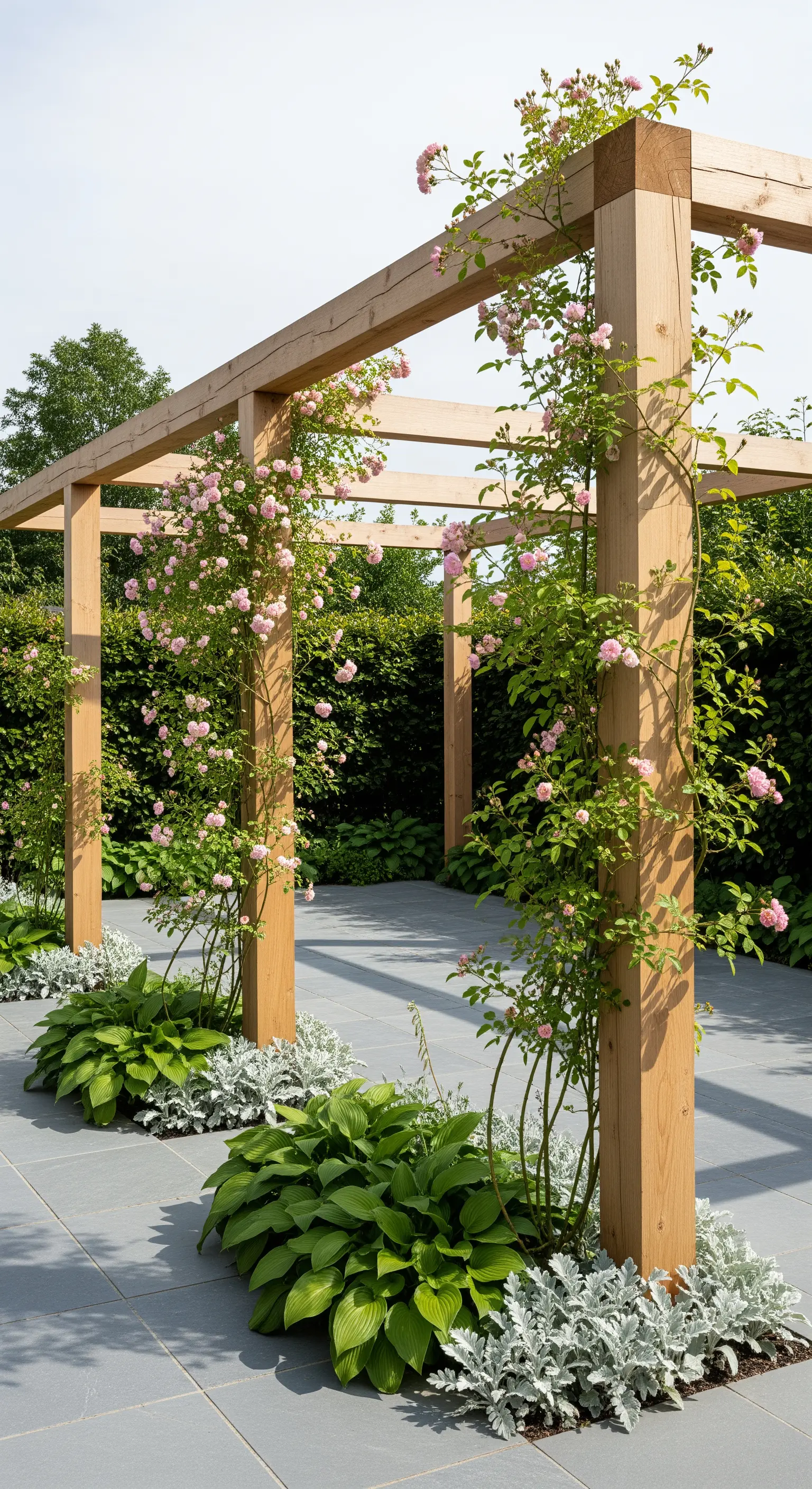 Moderne Holzpergola mit wenigen rosa Kletterrosen, Hostas und Greiskraut auf grauen Fliesen