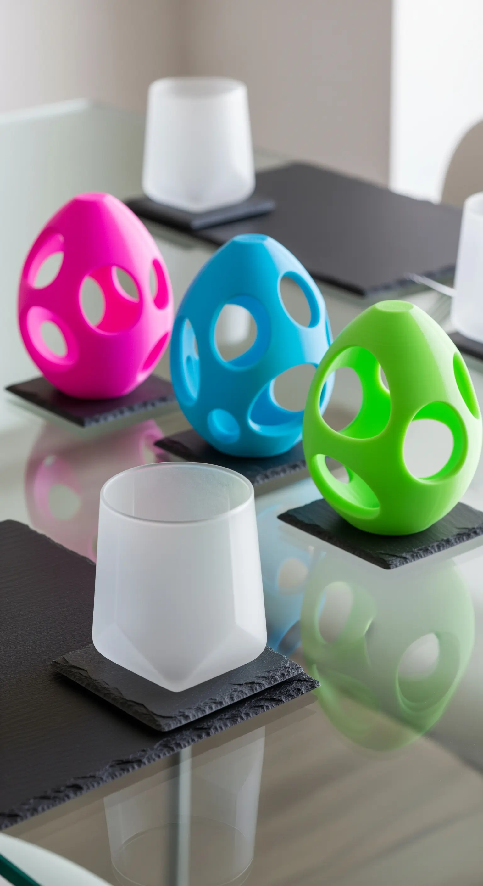 Moderne Pop-Art Ostertafel mit bunten perforierten Eiern und Glastisch