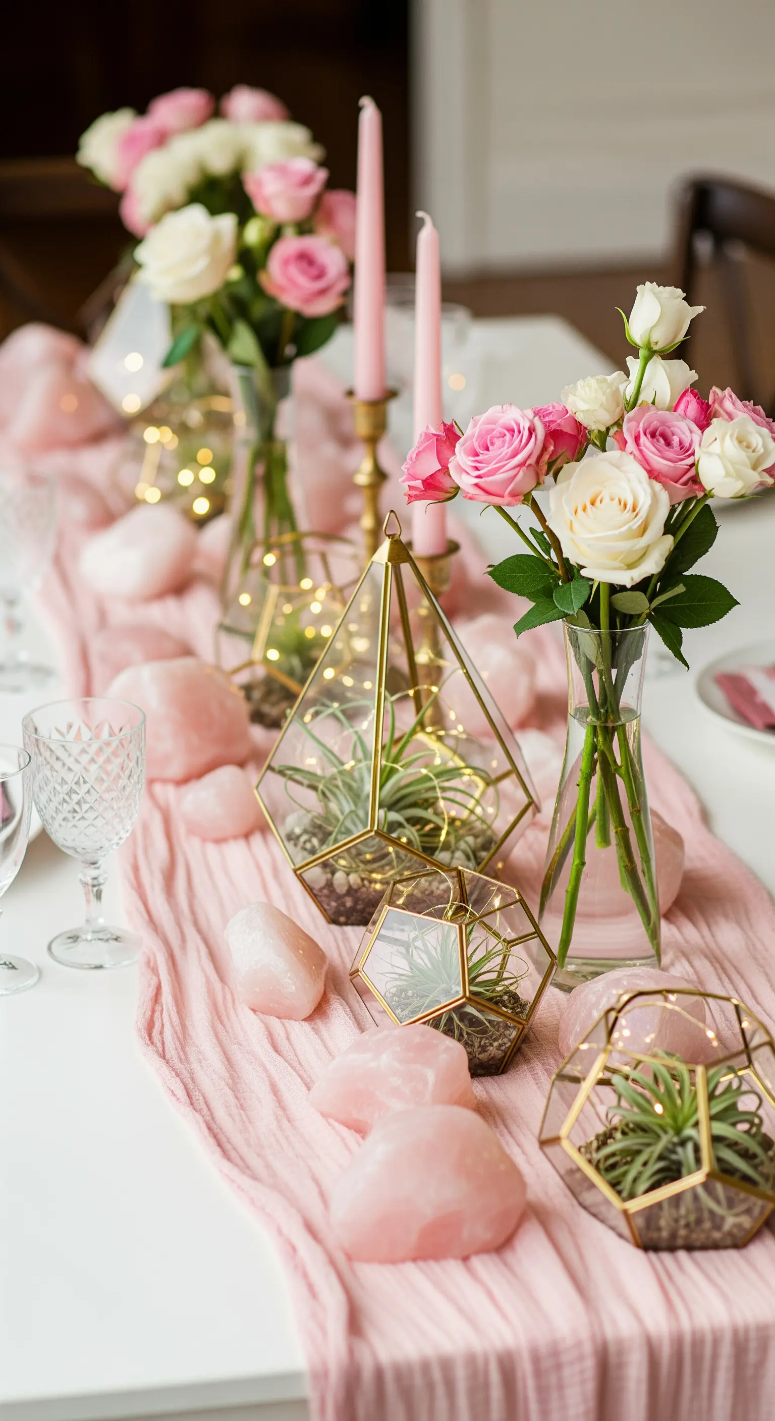 Moderne Tischdeko mit Rosen, geometrischen Gold-Terrarien und Rosenquarz.