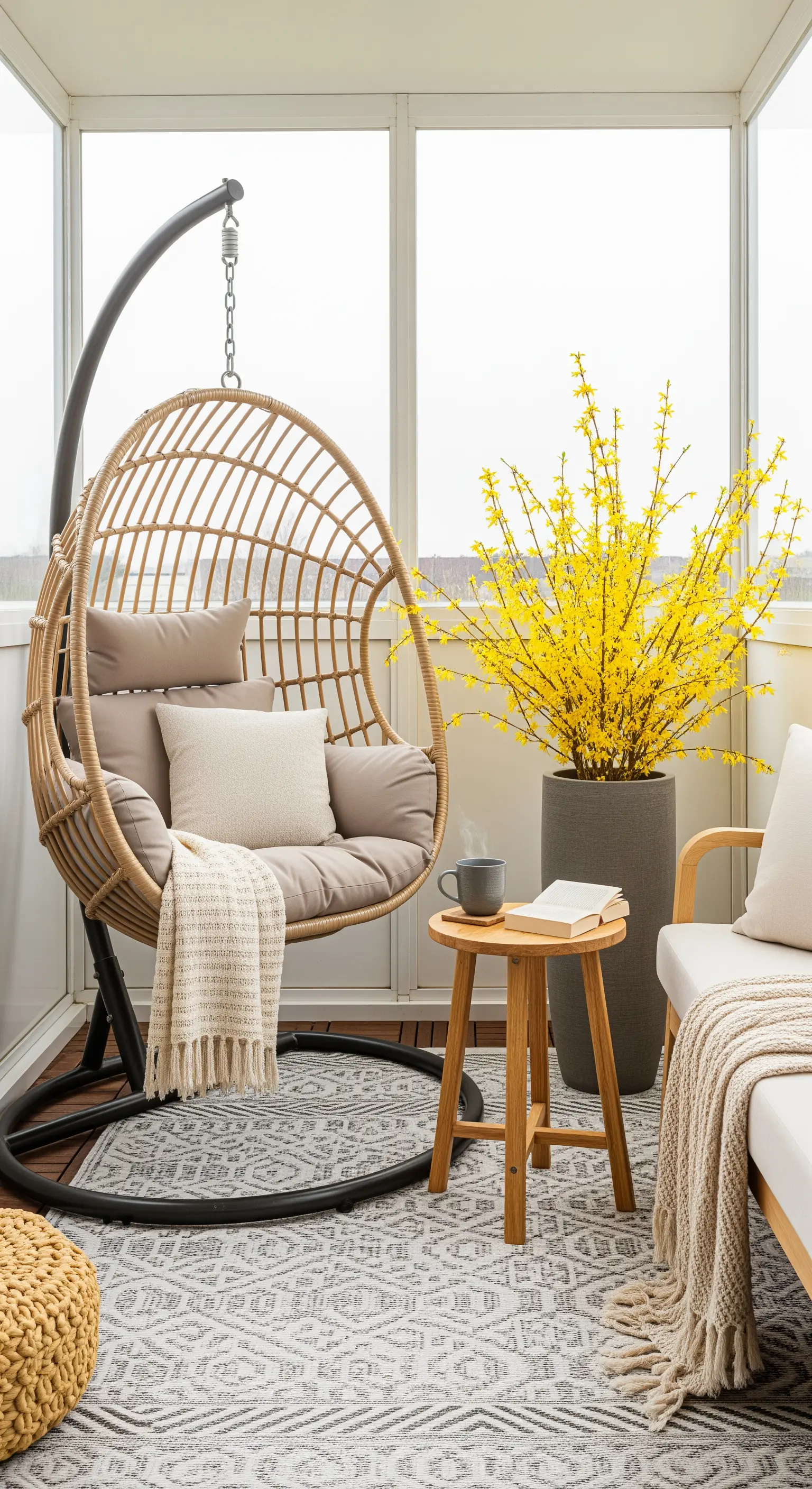 Heller, moderner Balkon mit Hängesessel aus Rattan und einer großen gelben Pflanze.