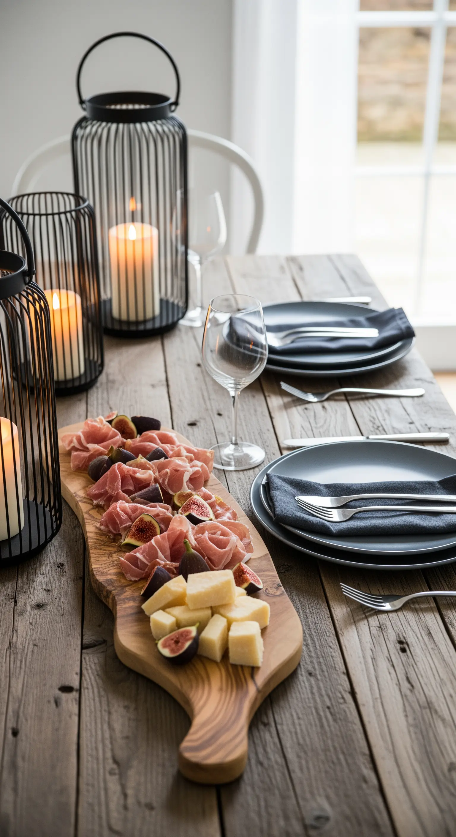 Holztisch mit schwarzen Laternen, dunklem Geschirr und einer Platte mit Schinken und Feigen.