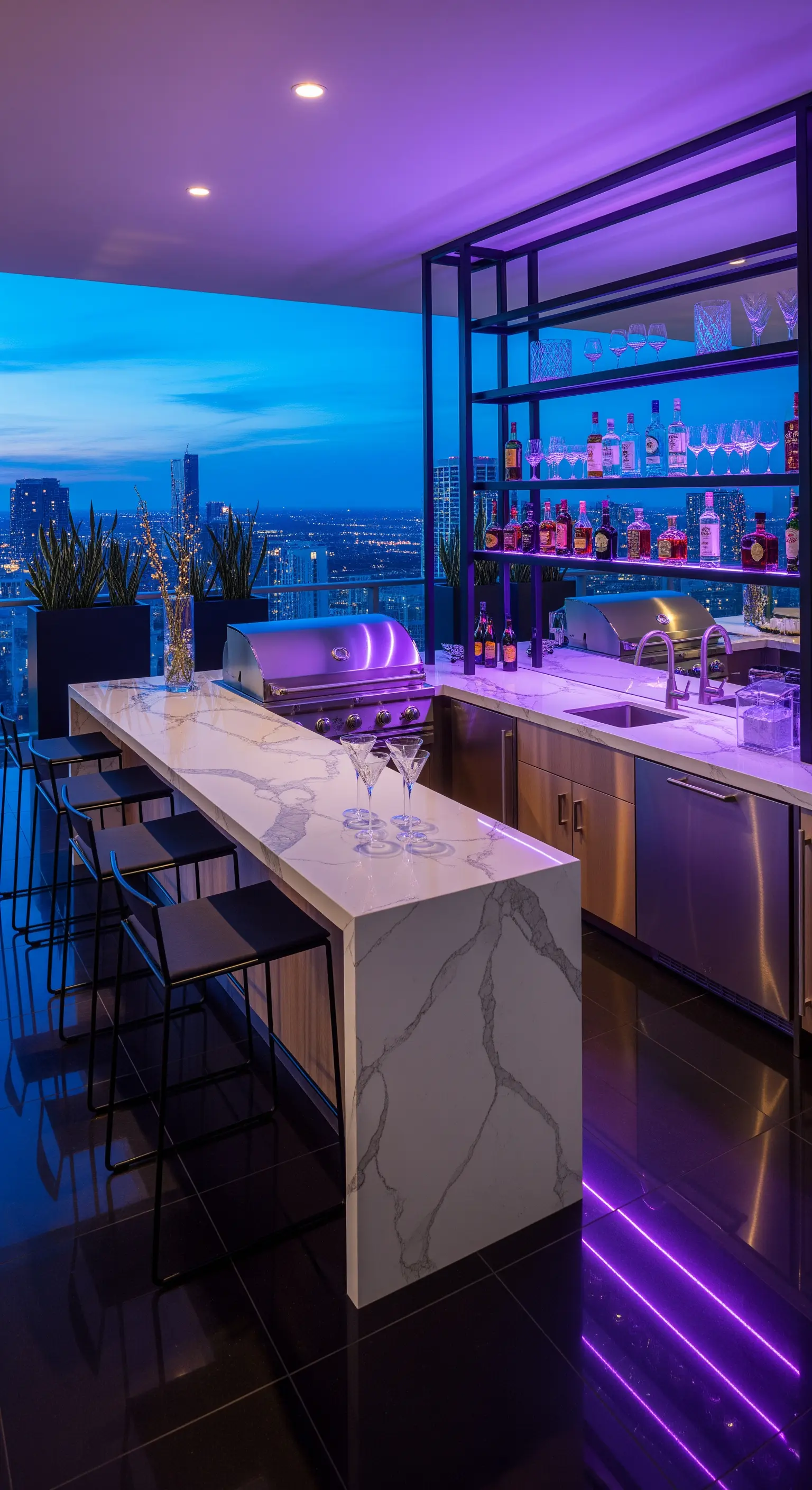 Moderne Sky-Bar auf dem Balkon mit Kücheninsel, Barhockern und violetter Beleuchtung