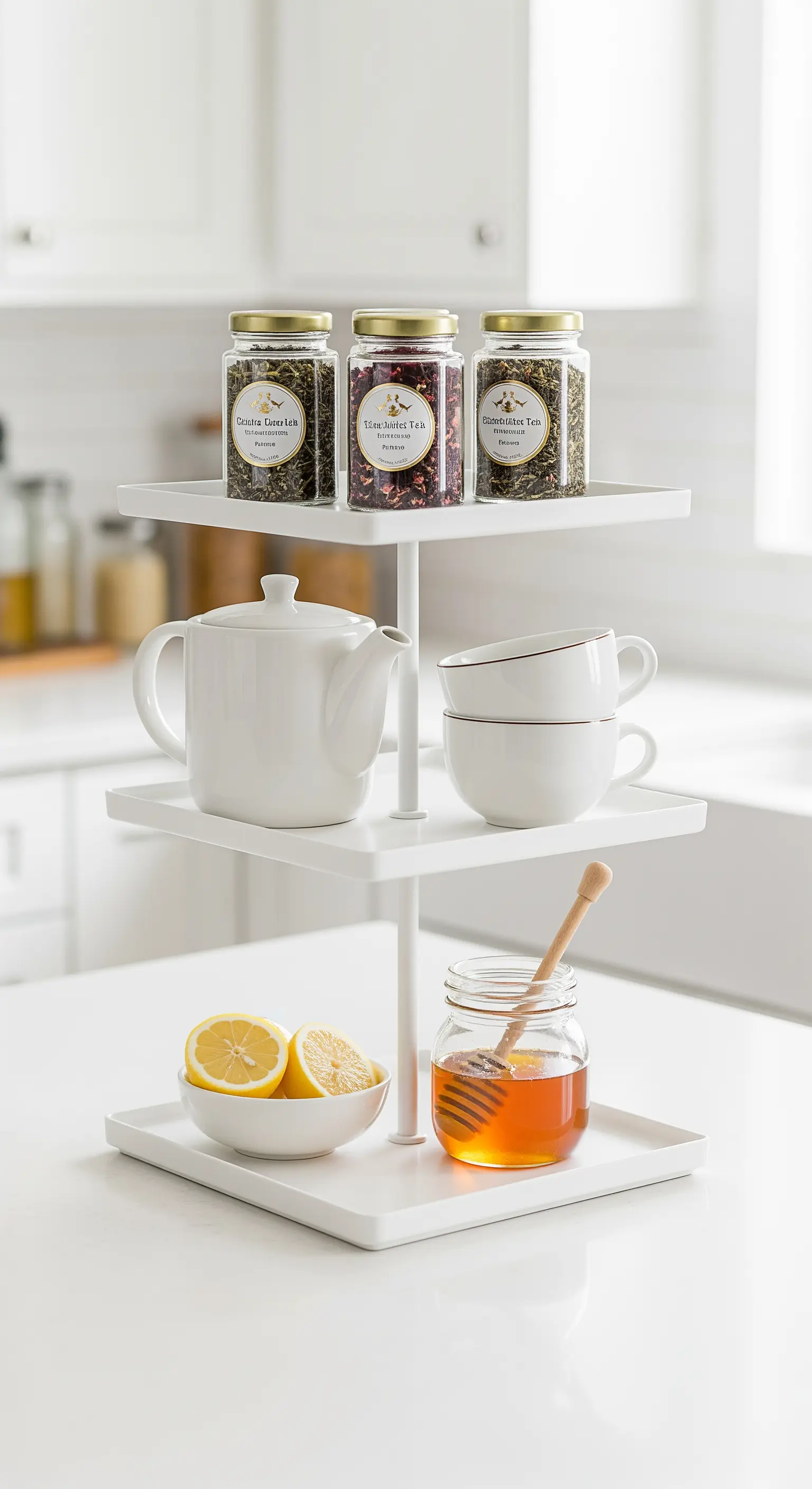 Moderne weiße Etagere mit Teedosen, Teekanne, Tassen, Zitrone und Honig.