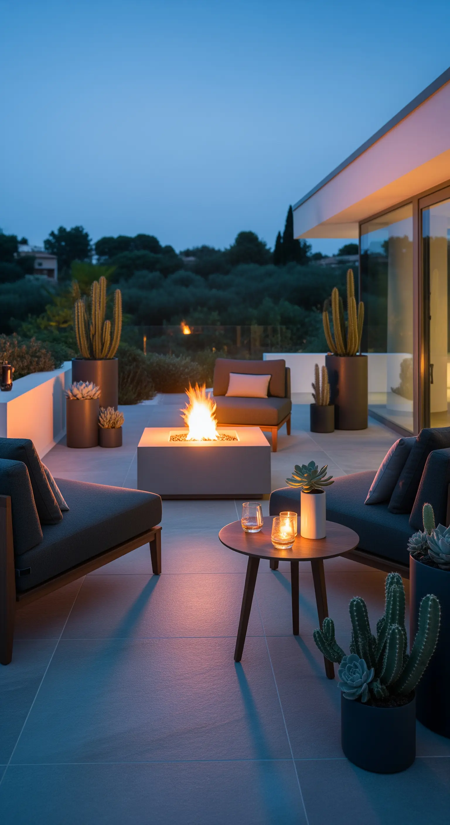Moderne Terrasse mit Feuertisch, Loungemöbeln und Kakteen bei Dämmerung