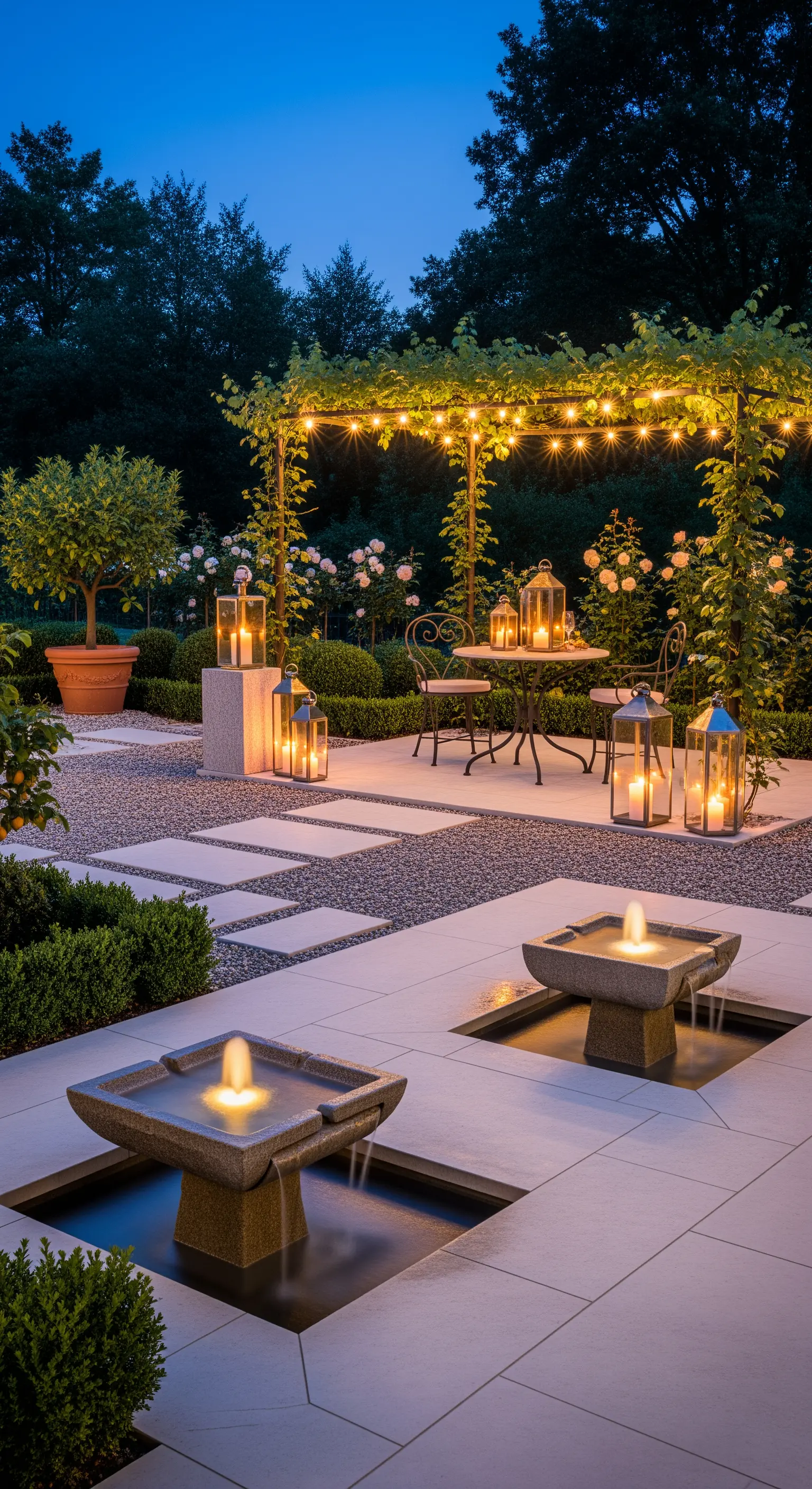 Moderne Terrasse mit Wasserspielen, Lichterketten-Pergola und Laternen