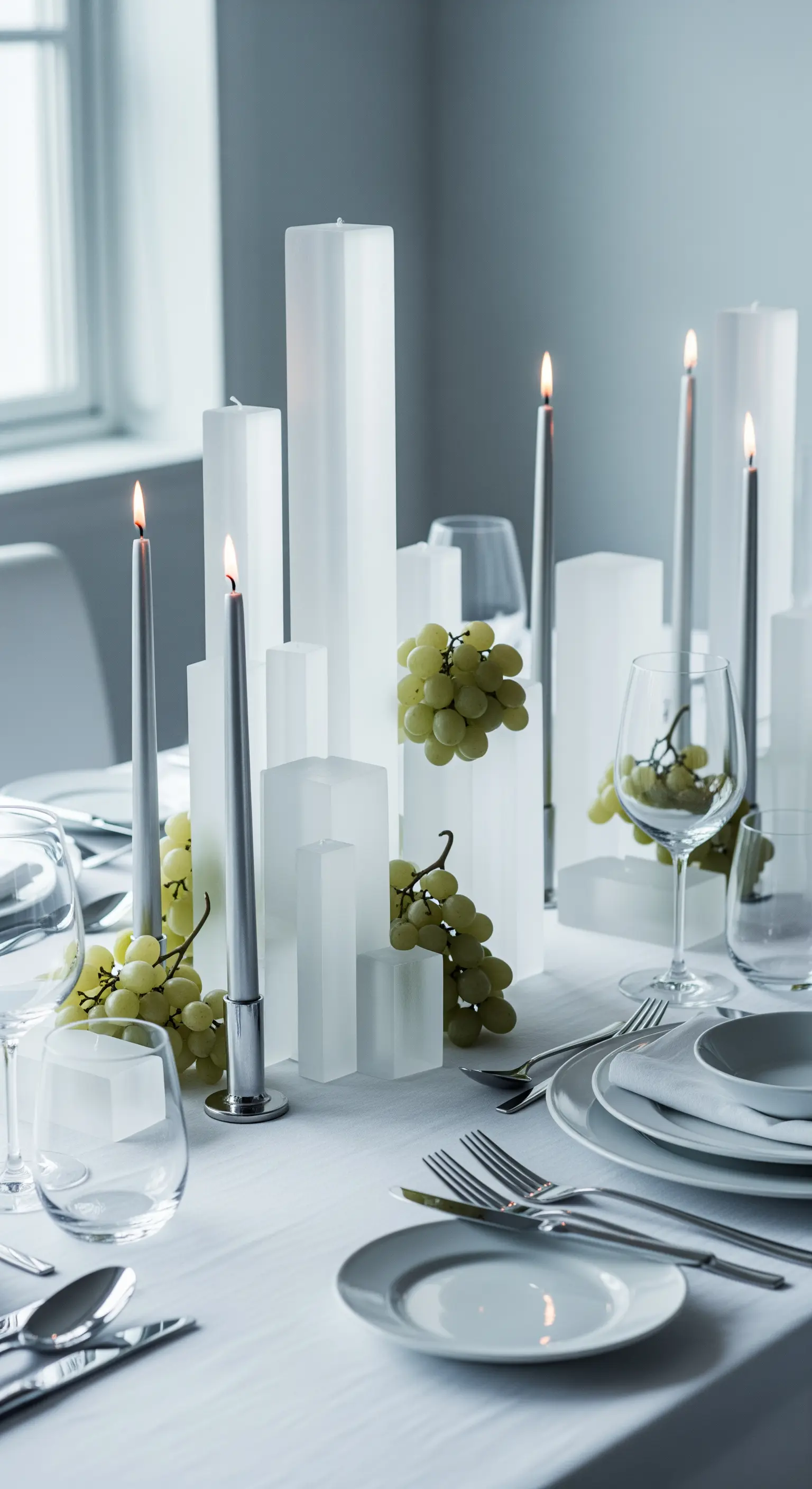 Moderner Tisch mit transparenten Blöcken, hellgrünen Trauben und grauen Stabkerzen