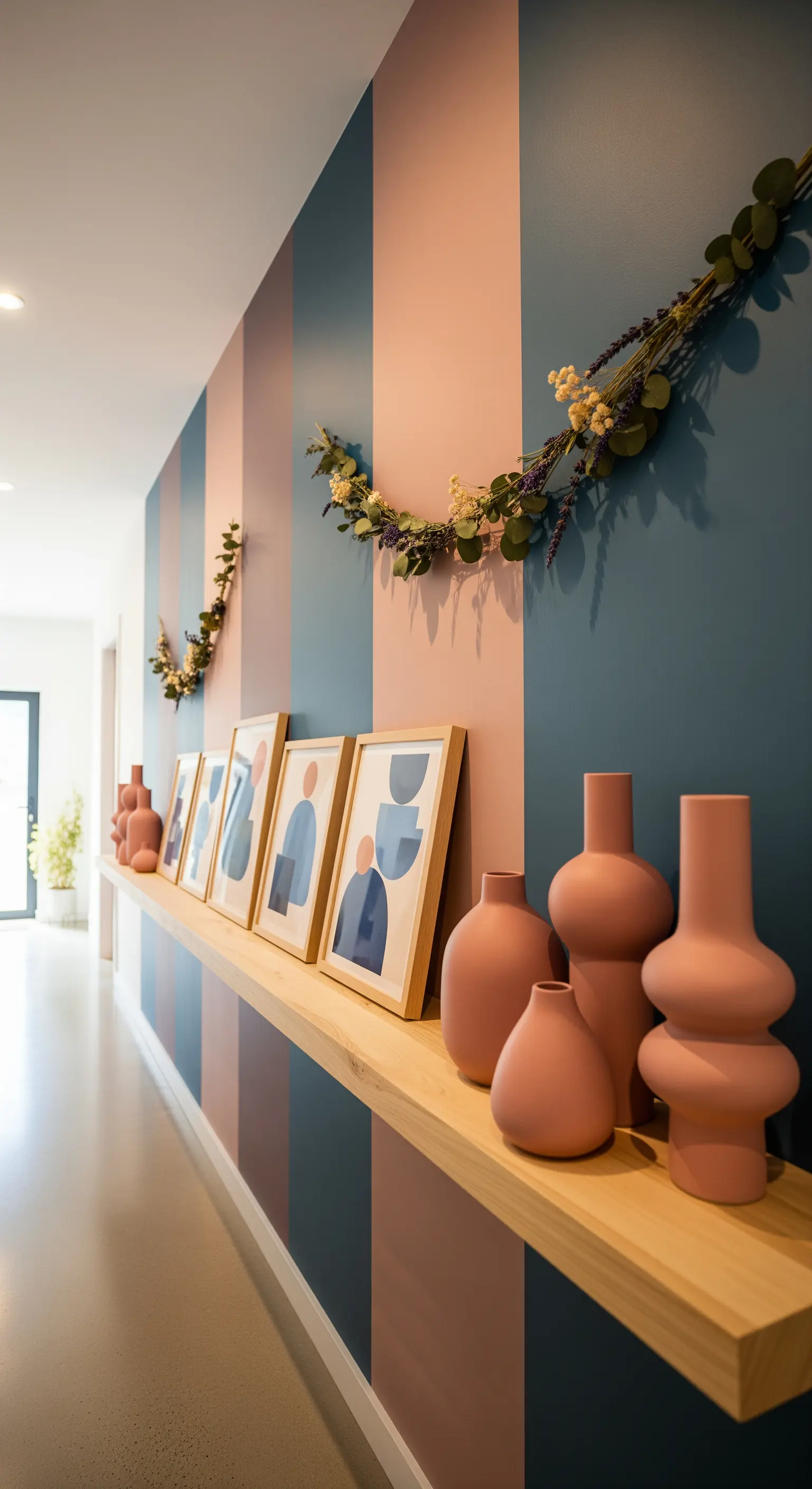 Flur mit gestreiften Wänden in Pastellfarben, Holzregal mit Kunst und Vasen.