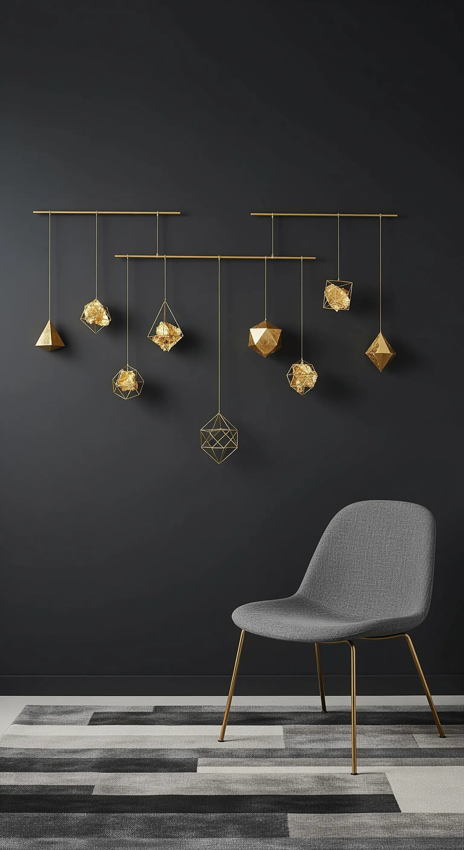 Moderne Wanddekoration aus geometrischen goldenen Metallformen an dunkler Wand
