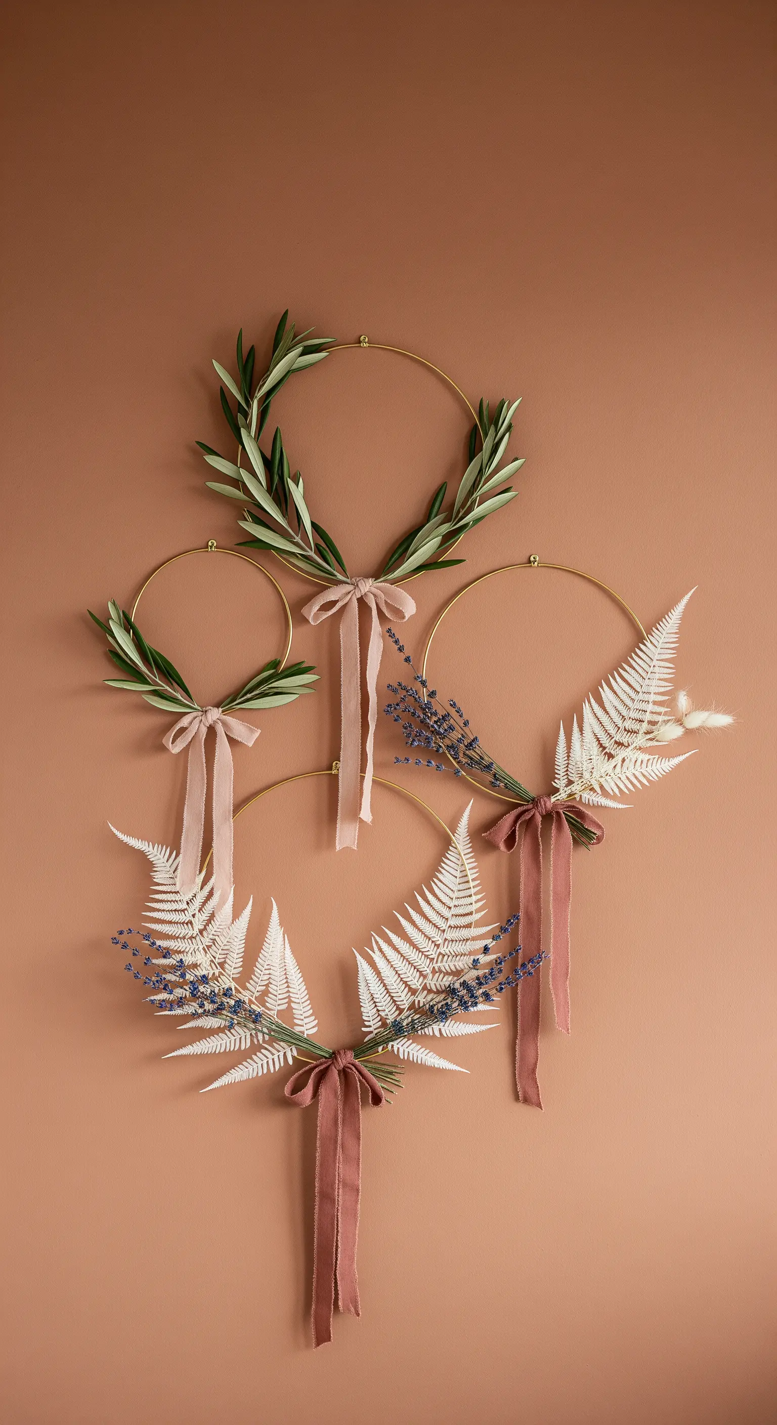 Wanddekoration aus goldenen Ringen mit Olivenzweigen, Farn und Lavendel