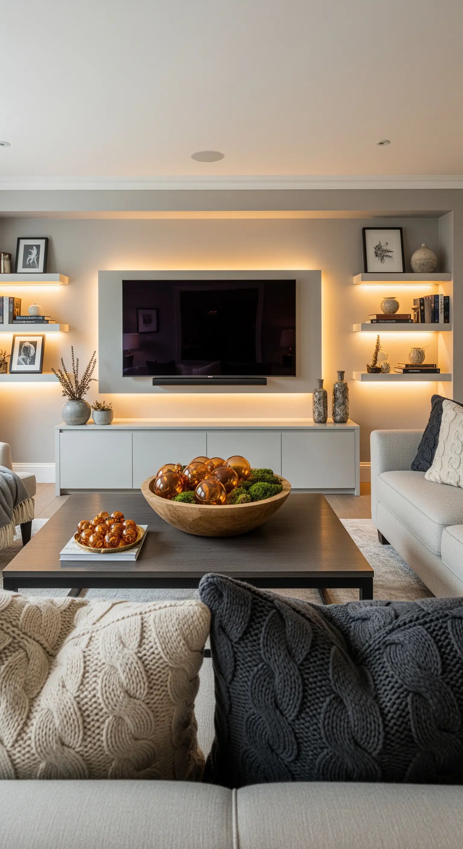 Modernes Wohnzimmer mit integriertem TV, LED-Regalen und Strickkissen