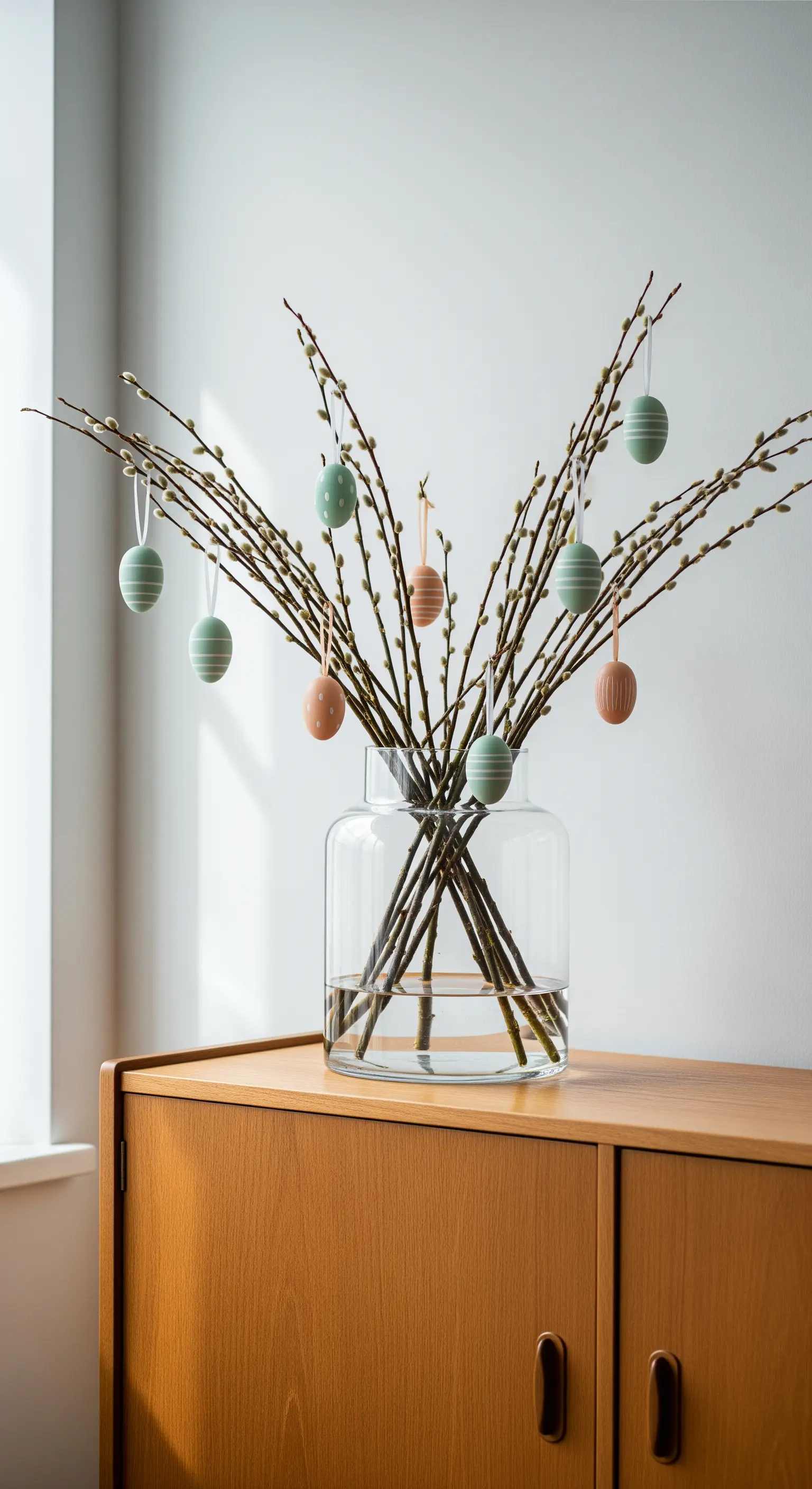 Weidenkätzchen in Glasvase mit pastellfarbenen Ostereiern auf Holz-Sideboard