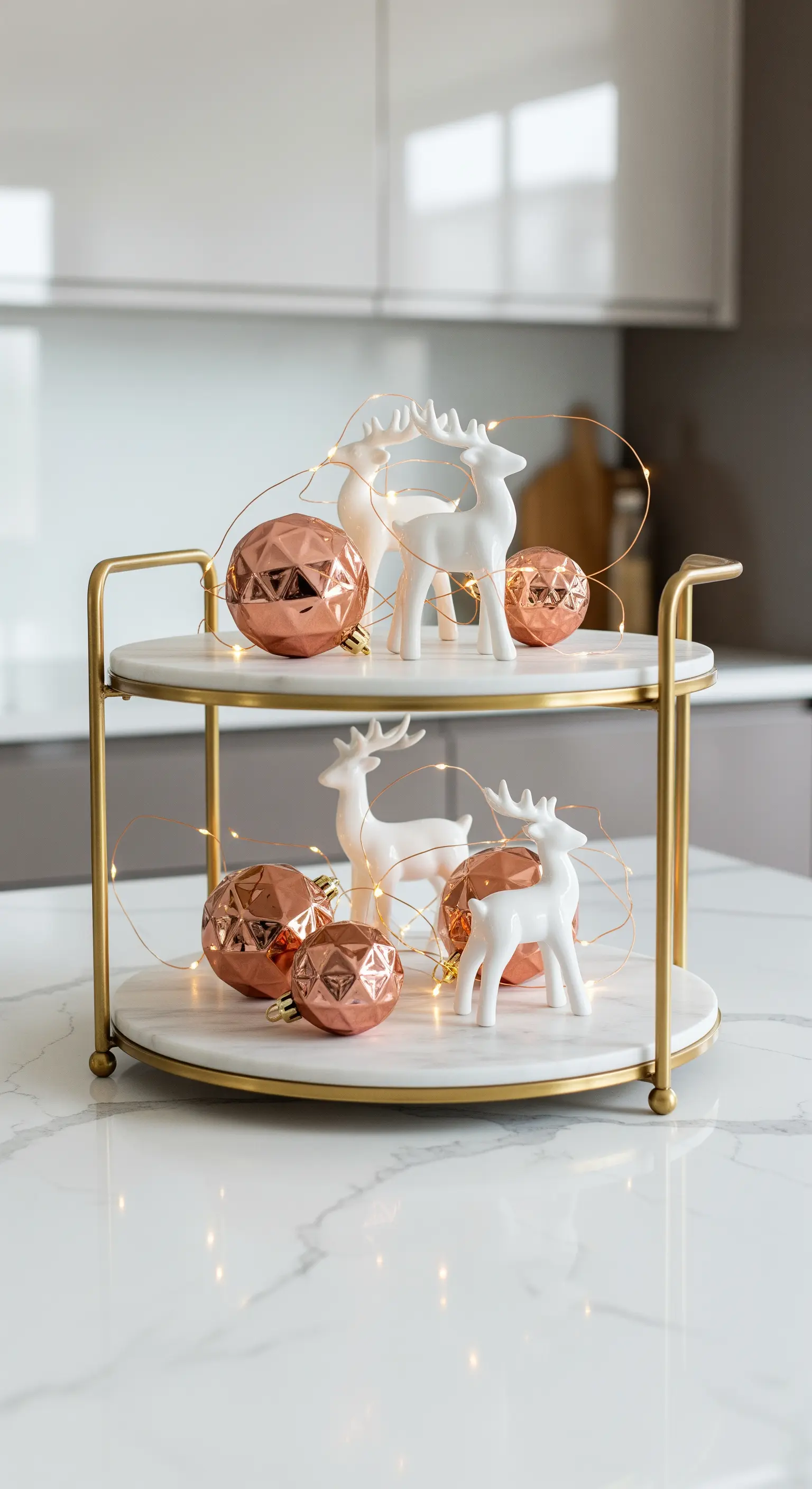 Moderne Etagere aus Marmor und Gold mit roségoldenen Kugeln, weißen Rehen und Lichterkette.