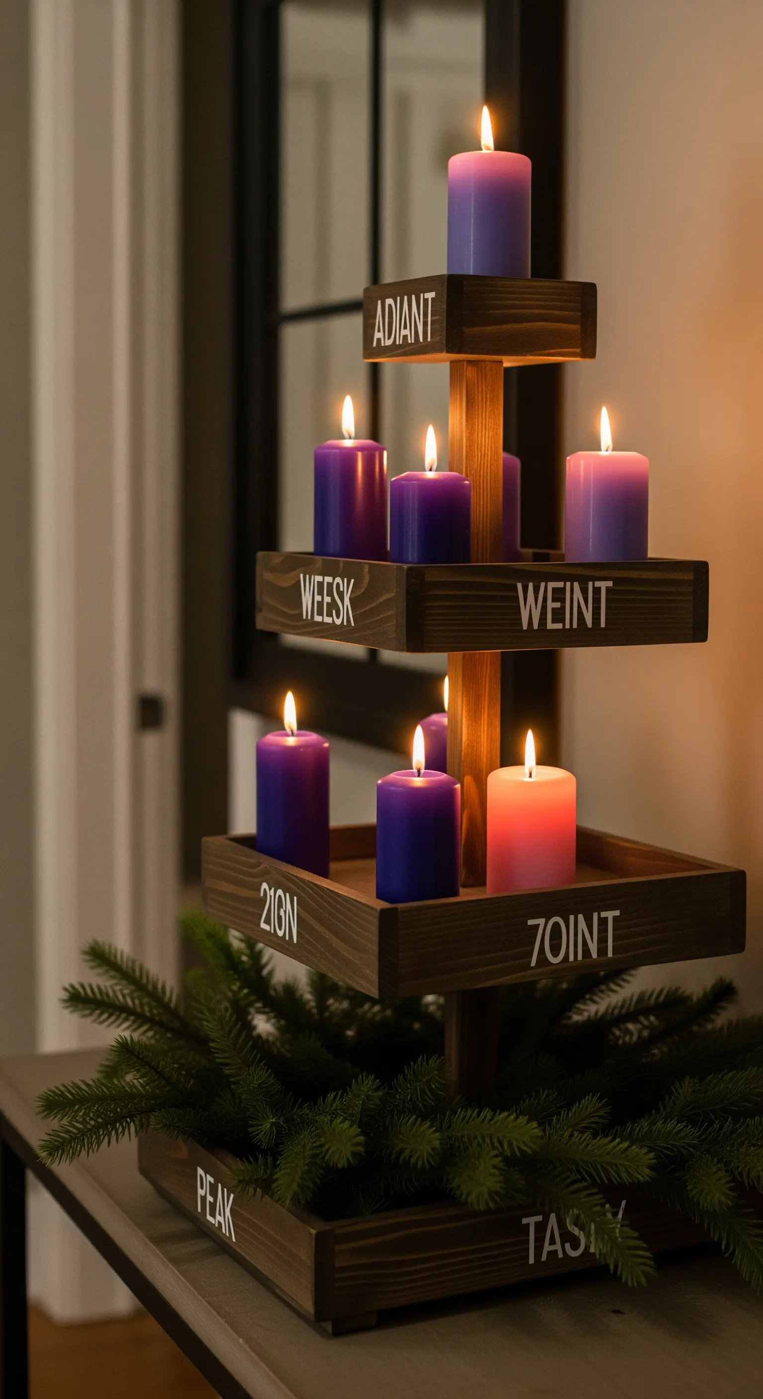 Moderne Holz-Etagere als Adventskranz mit unterschiedlich farbigen Kerzen