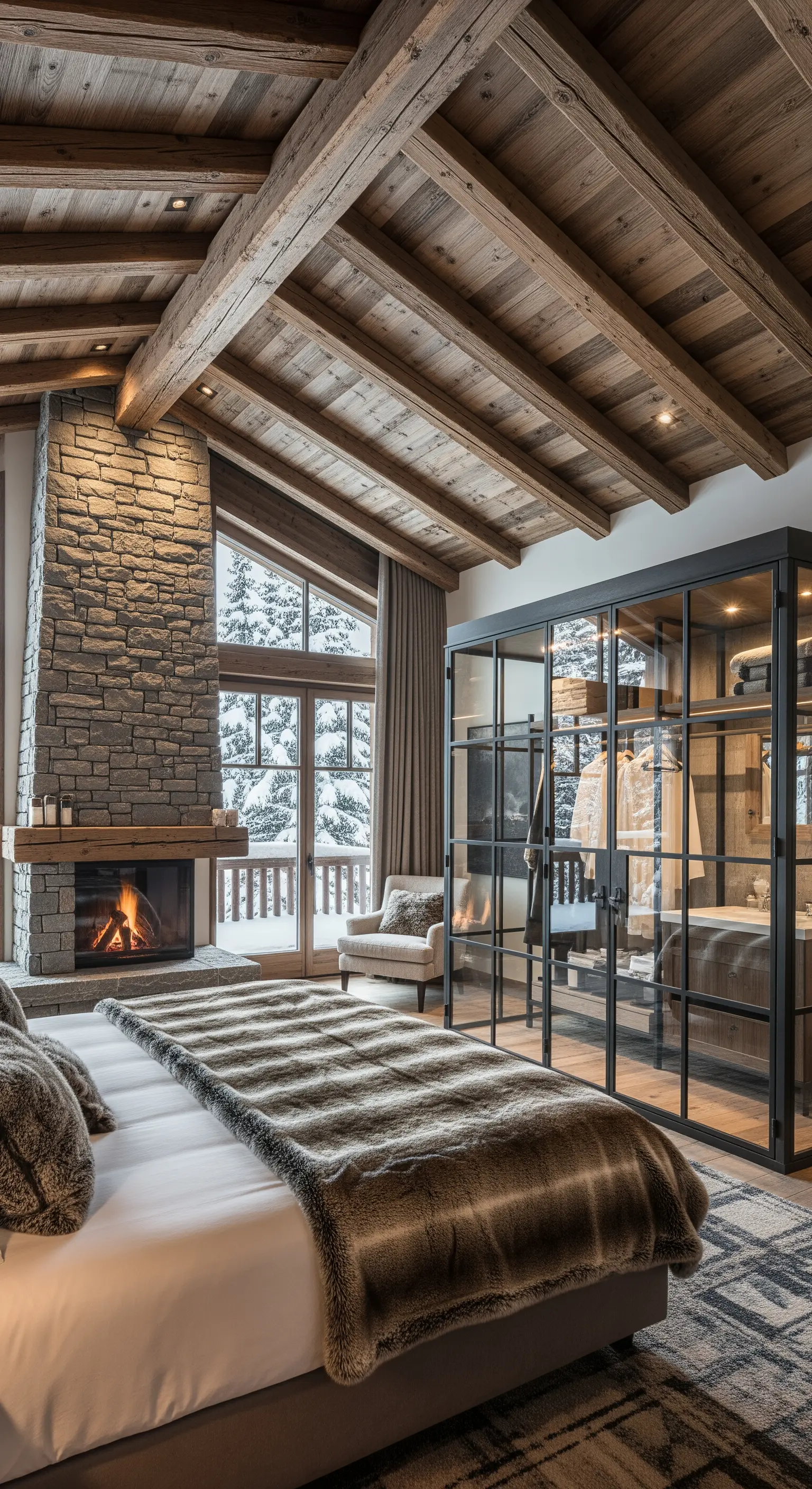 Rustikales Chalet-Schlafzimmer mit Holzbalken, Steinkamin und einem modernen Glas-Stahl-Kleiderschrank.
