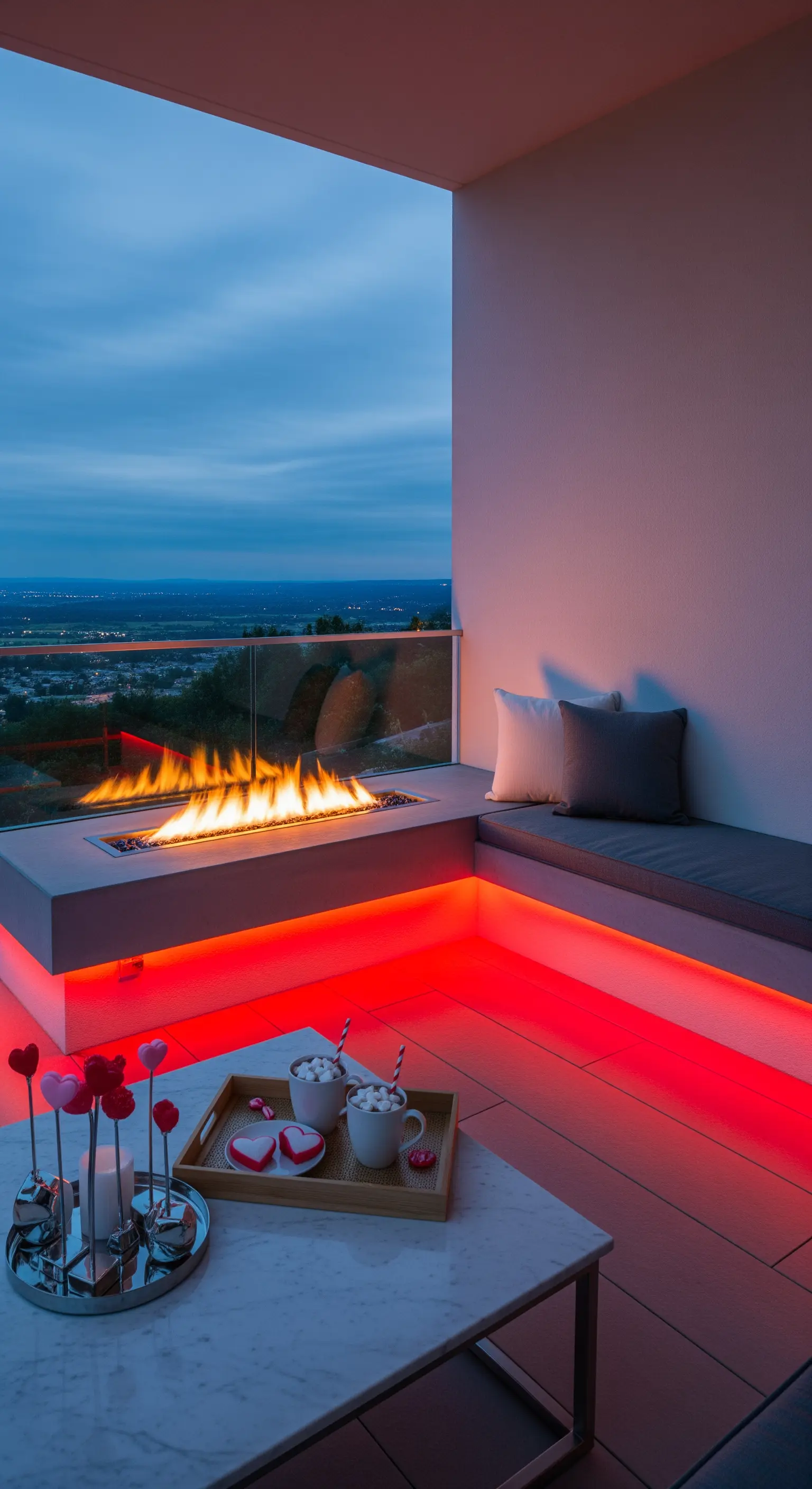 Moderner Balkon mit roter LED-Beleuchtung, Feuerstelle und Stadtblick.