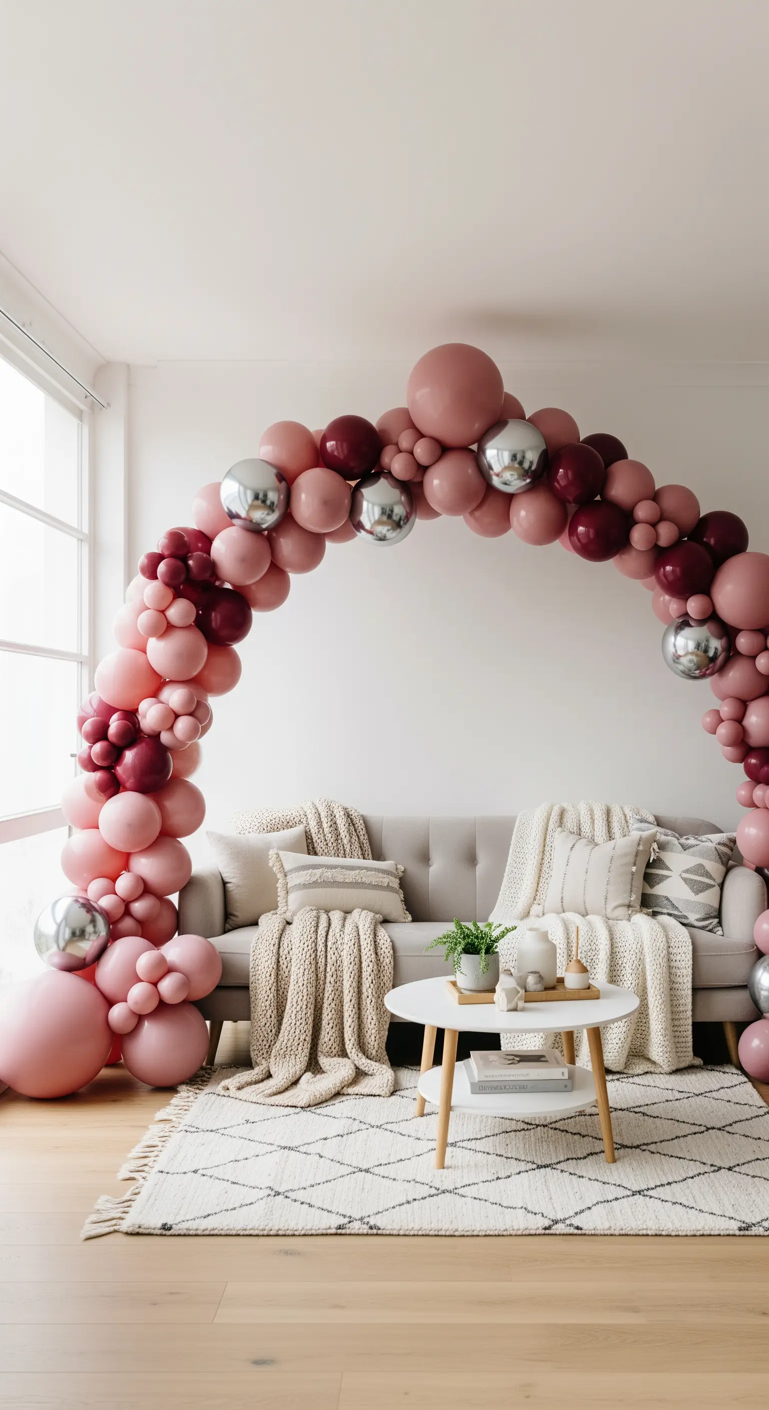Wohnzimmer mit elegantem Ballonbogen in Rosé-, Burgund- und Silbertönen über einem Sofa.