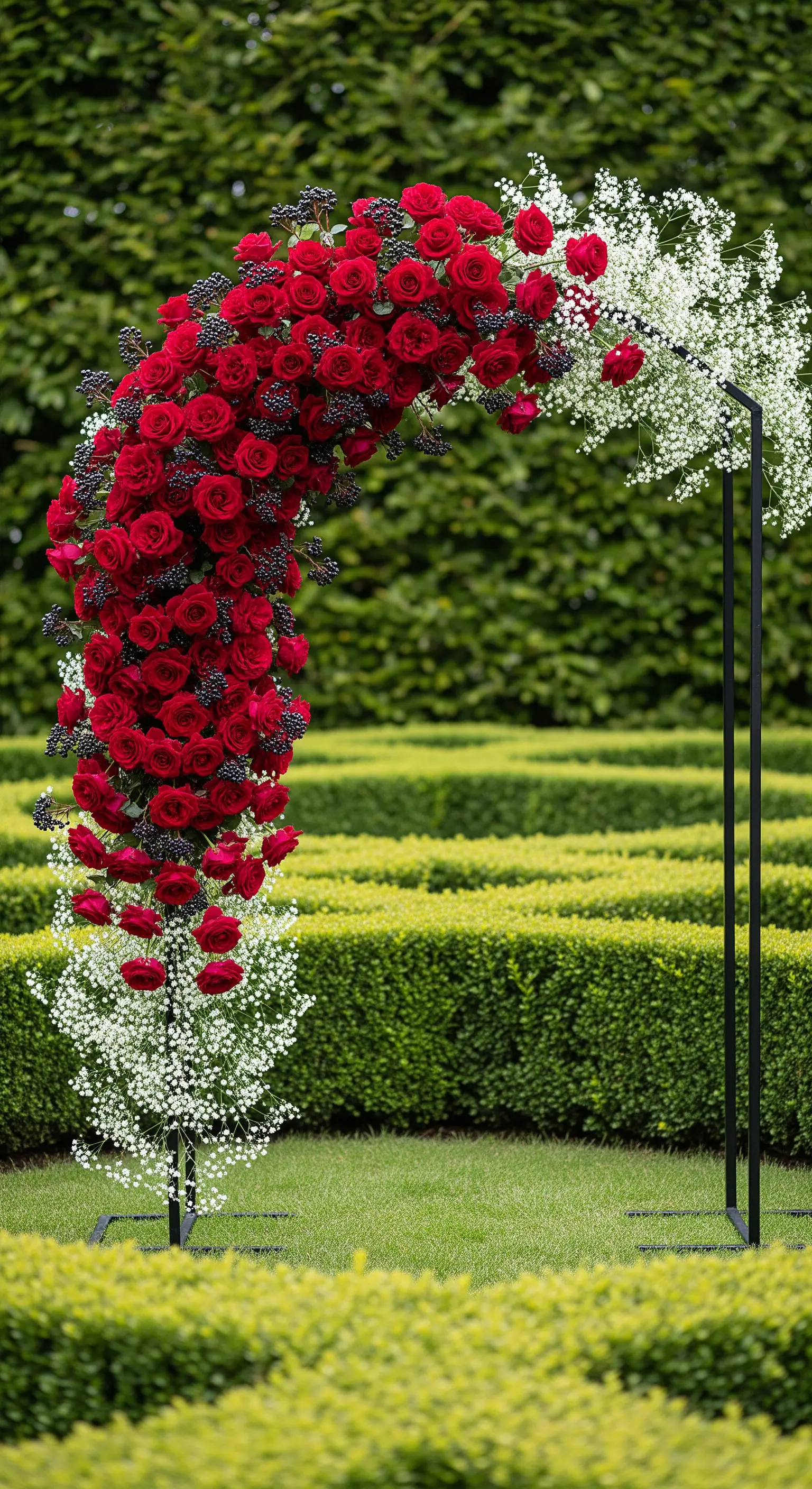 Moderner schwarzer Bogen, verziert mit einer Kaskade aus roten Rosen, dunklen Beeren und weißem Schleierkraut.