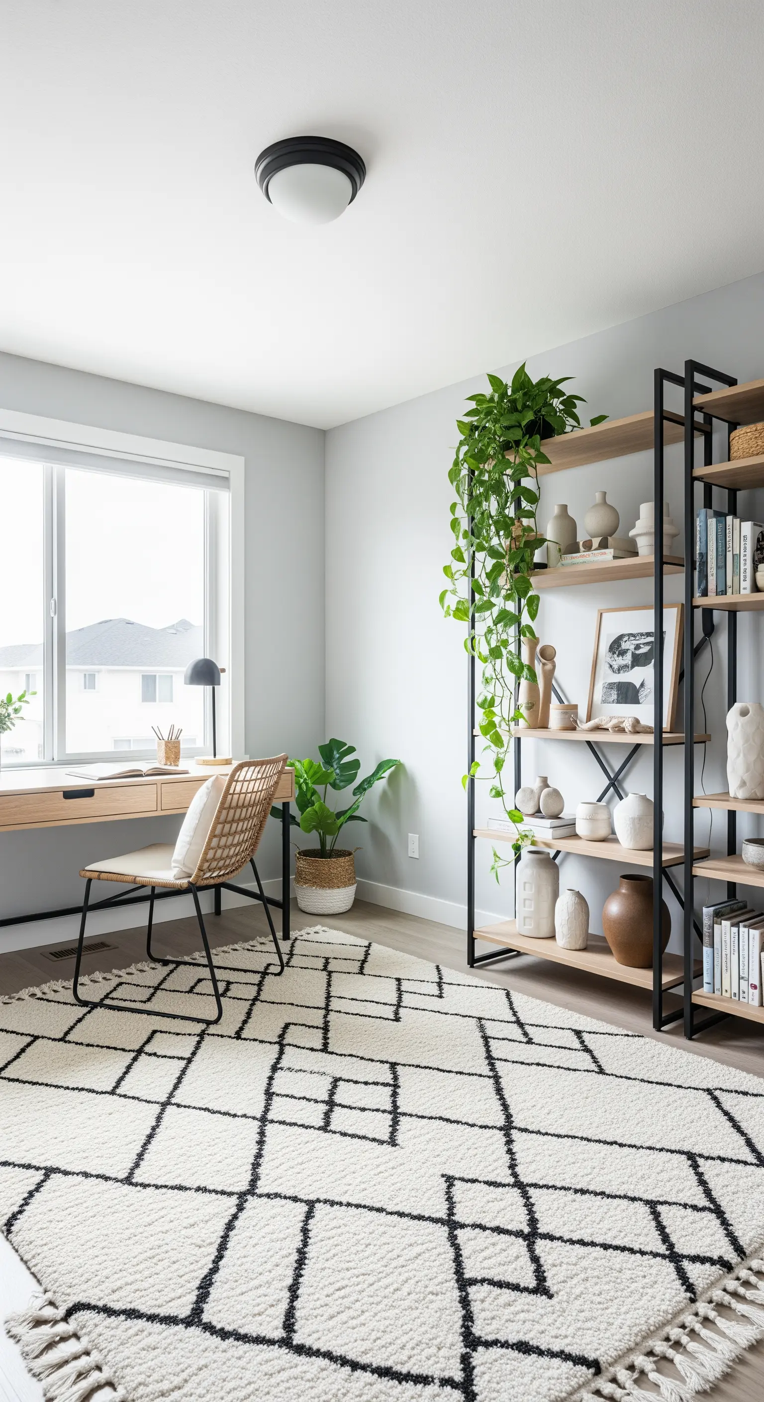 Home-Office mit schwarzem Metallregal, Holz-Details, Keramikvasen und Pflanzen vor grauer Wand.