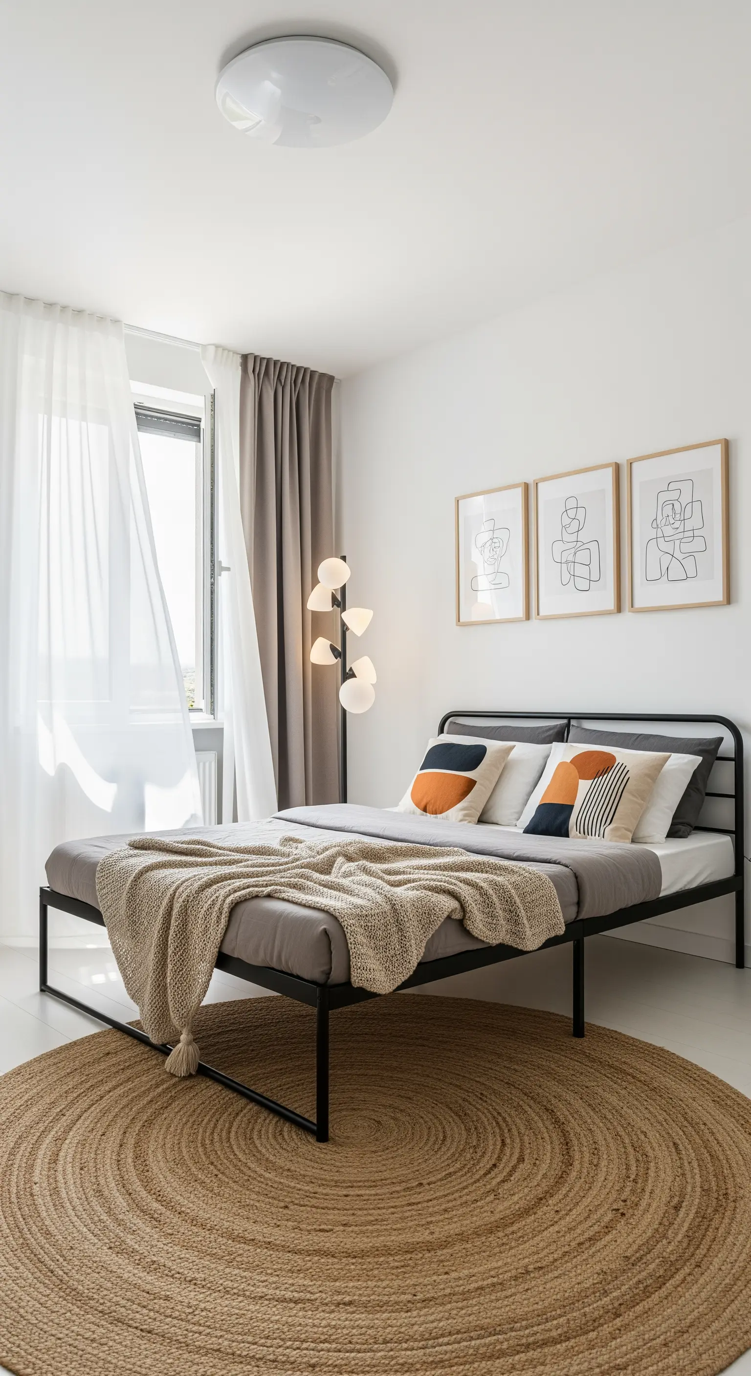 Modernes Boho-Schlafzimmer mit schwarzem Metallbett, Jute-Teppich und grafischen Kissen.