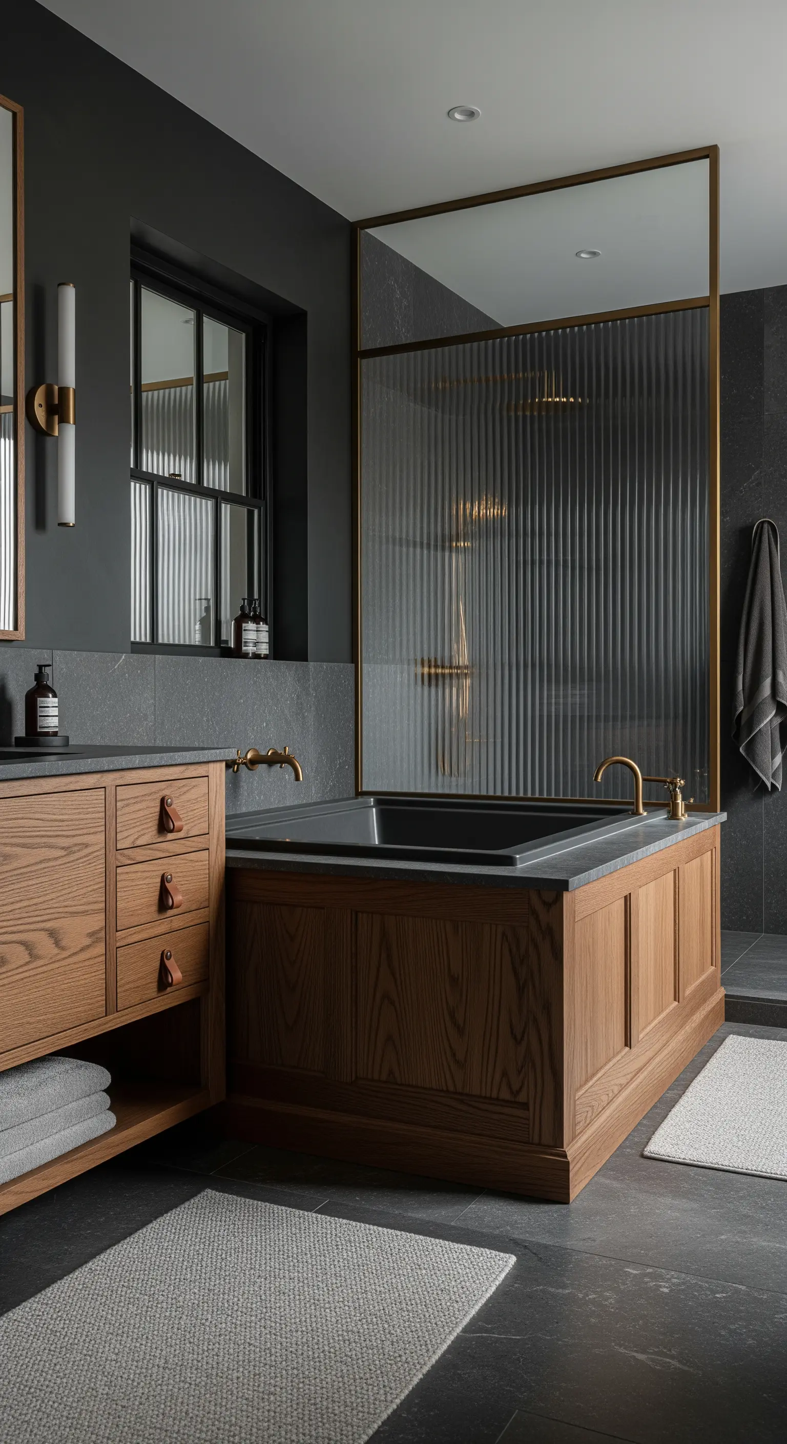 Badewanne in einem dunklen Holz-Podest mit einer Trennwand aus geriffeltem Glas und Messing