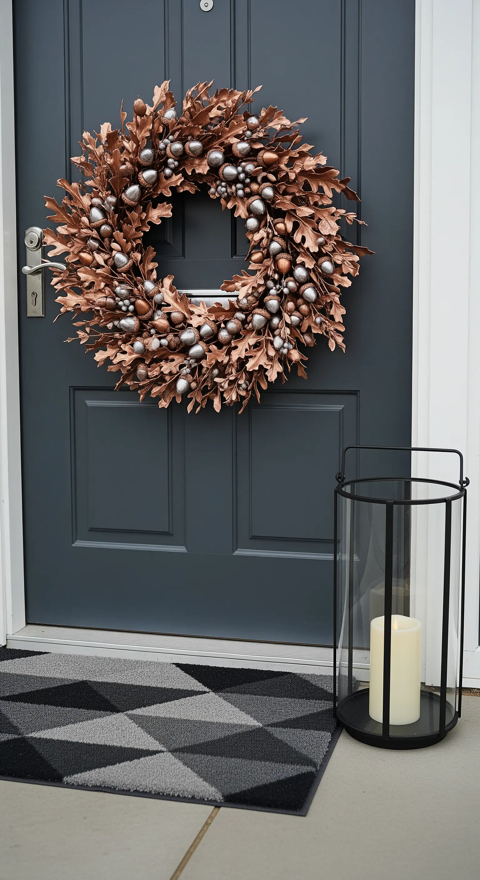 Dunkelgraue Tür mit Kupfer-Eicheln-Kranz, schwarzer Laterne und geometrischem Fußabtreter