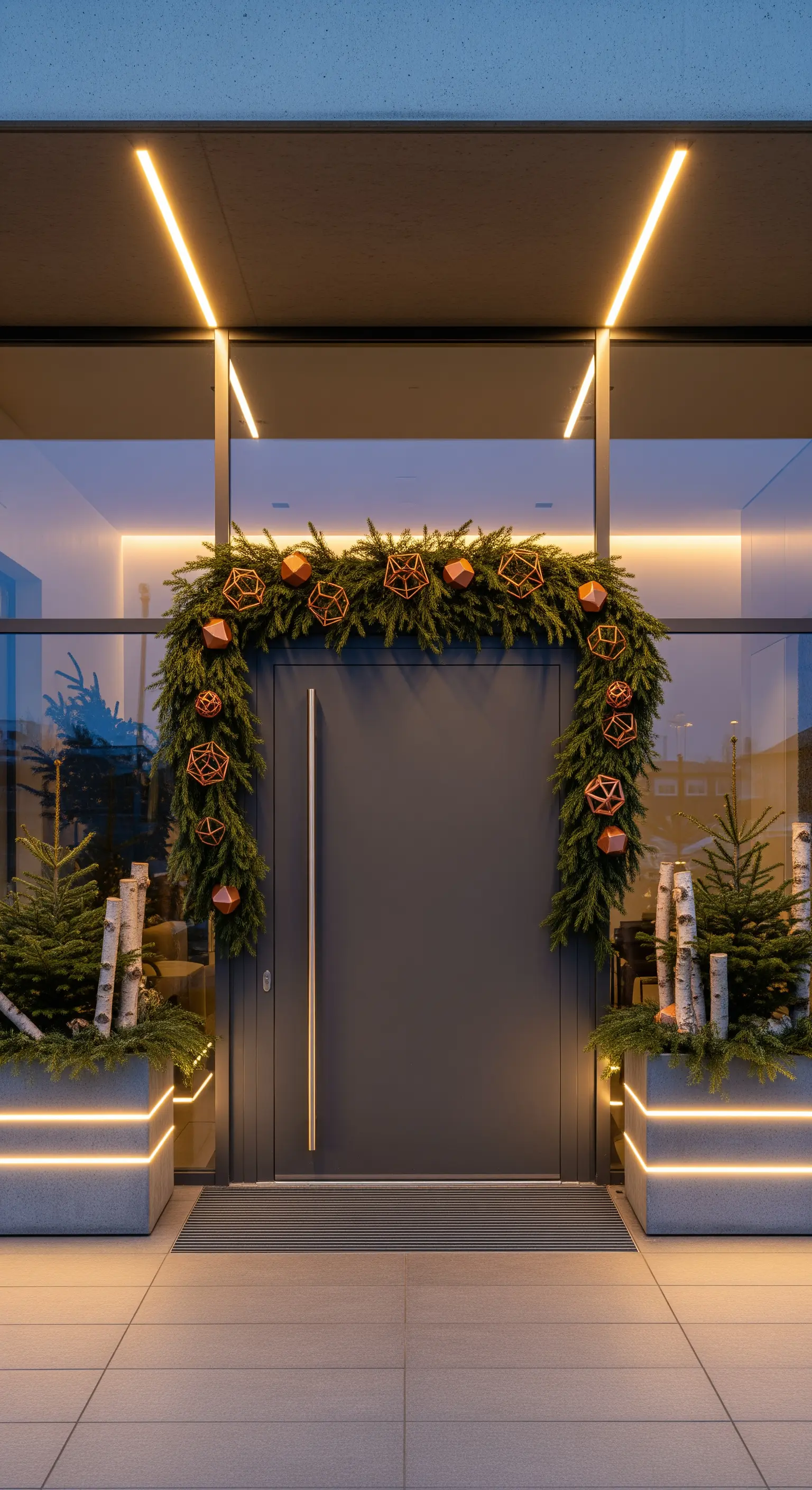 Moderner Eingang mit Tannengirlande, geometrischen Ornamenten und beleuchteten Birkenstämmen.