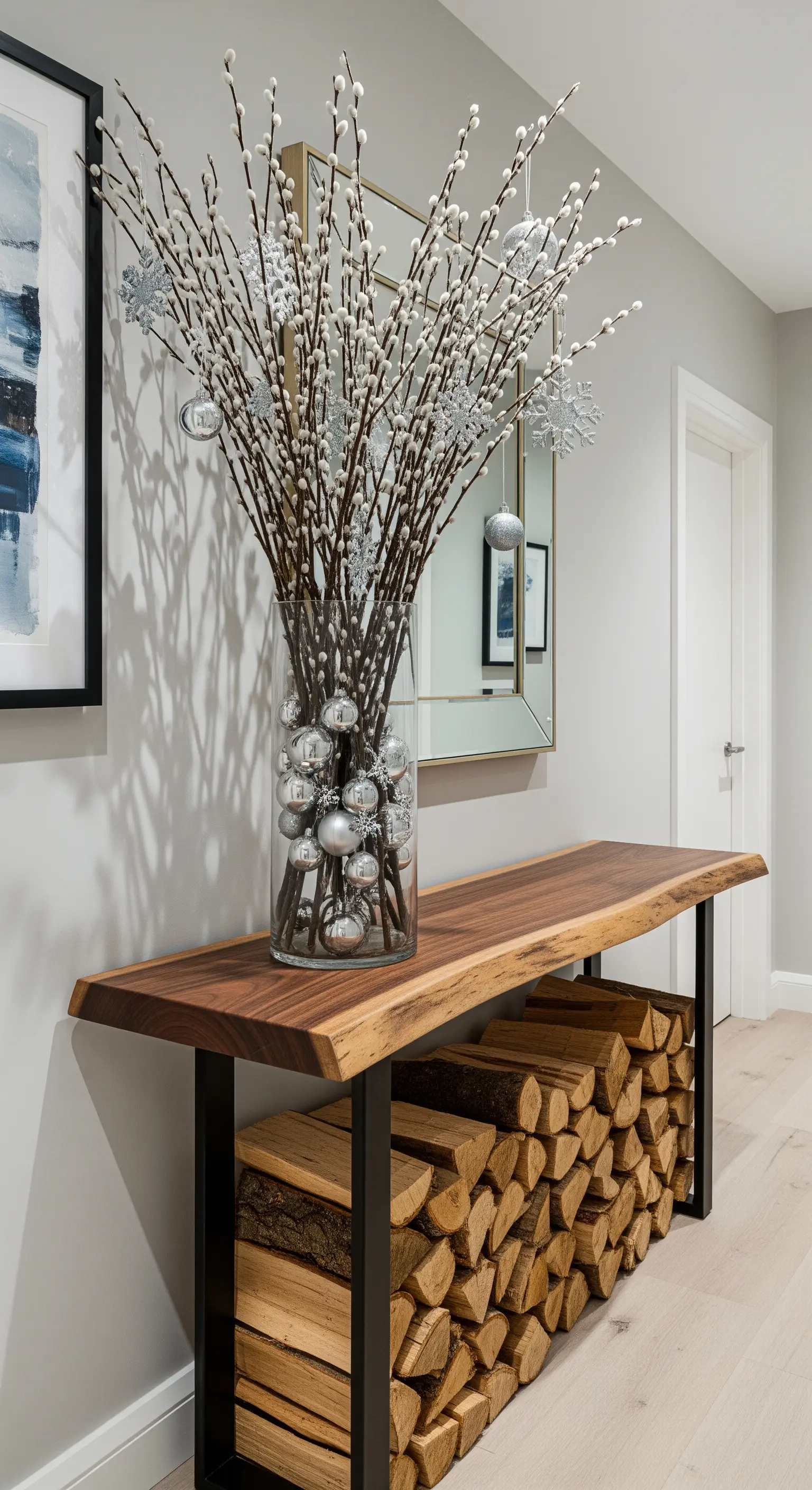 Moderner Eingang mit Konsolentisch, Treibholz-Vase mit Silberdeko und Brennholz
