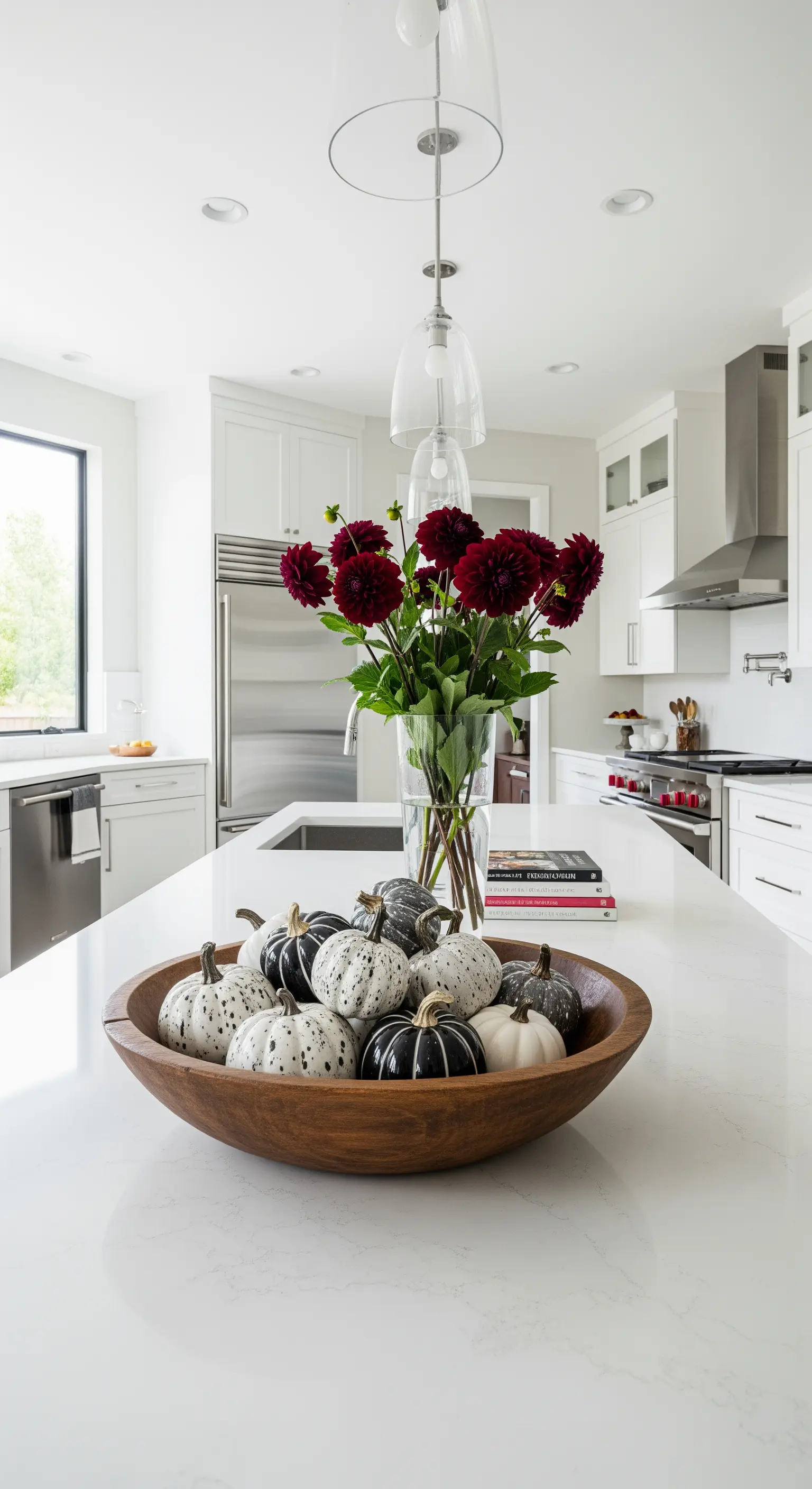 Kücheninsel mit großer Holzschale voller schwarz-weißer Keramikkürbisse, Vase mit Dahlien.