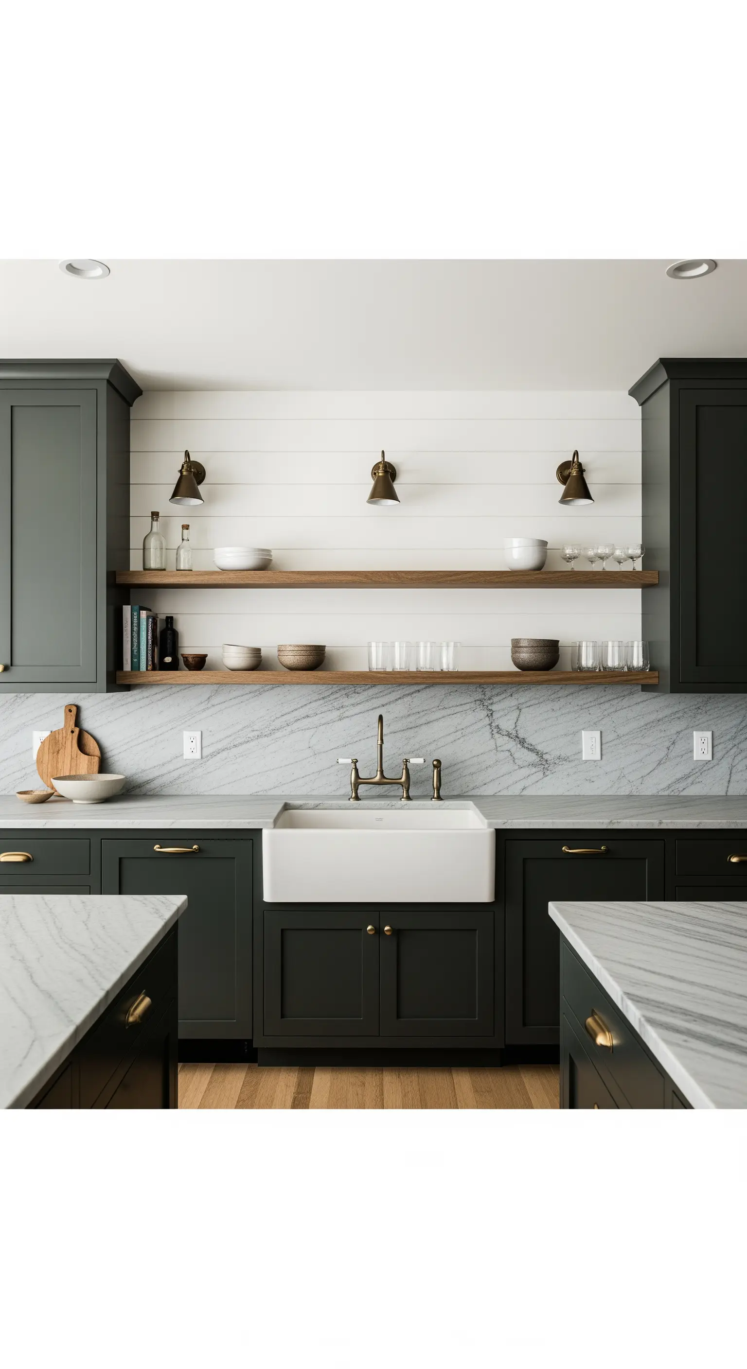 Moderne Landhausküche mit dunklen Schränken und weißer Shiplap-Wand