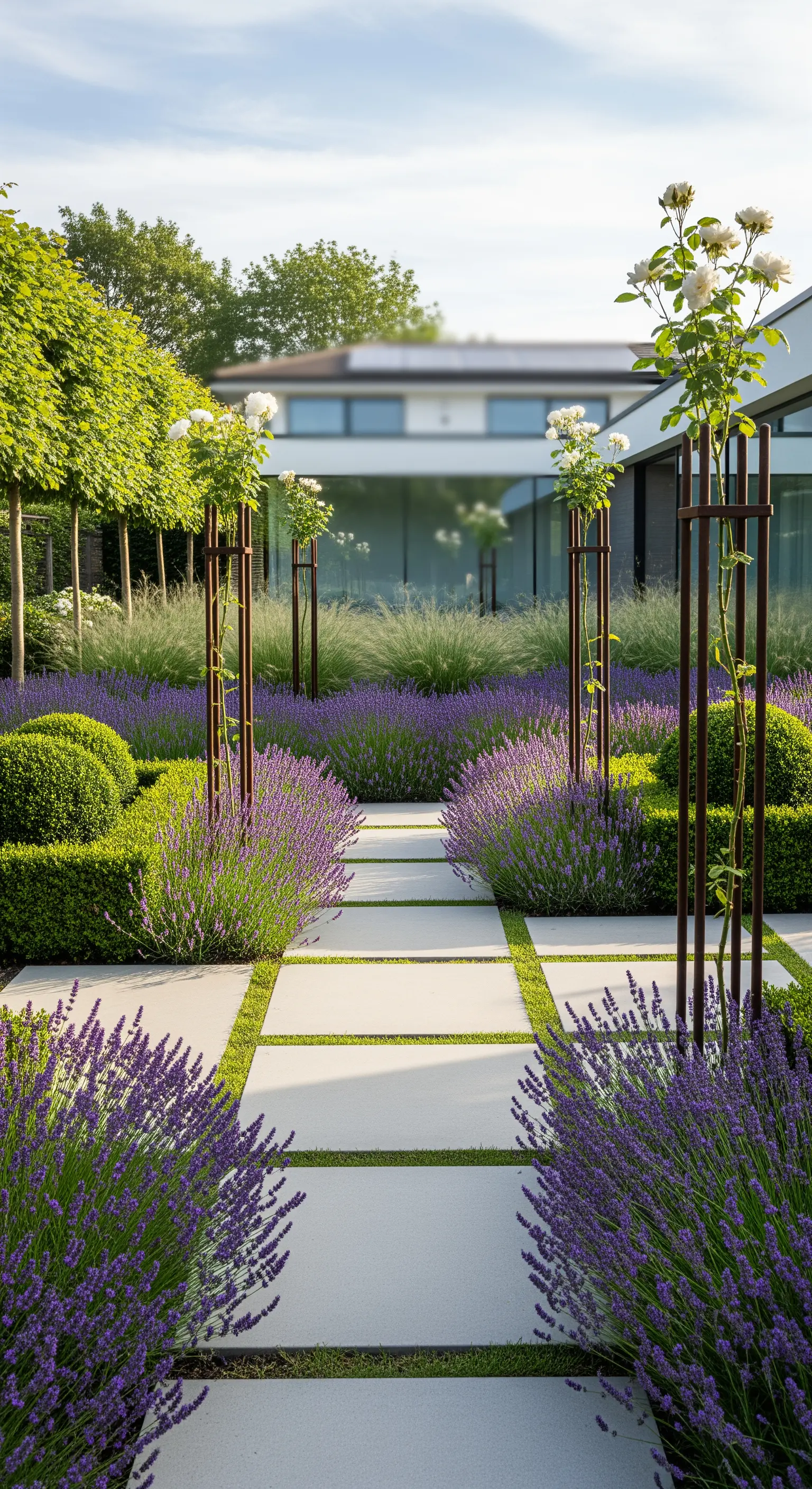 Moderner Garten mit Betonplattenpfad, Lavendel und weißen Stammrosen