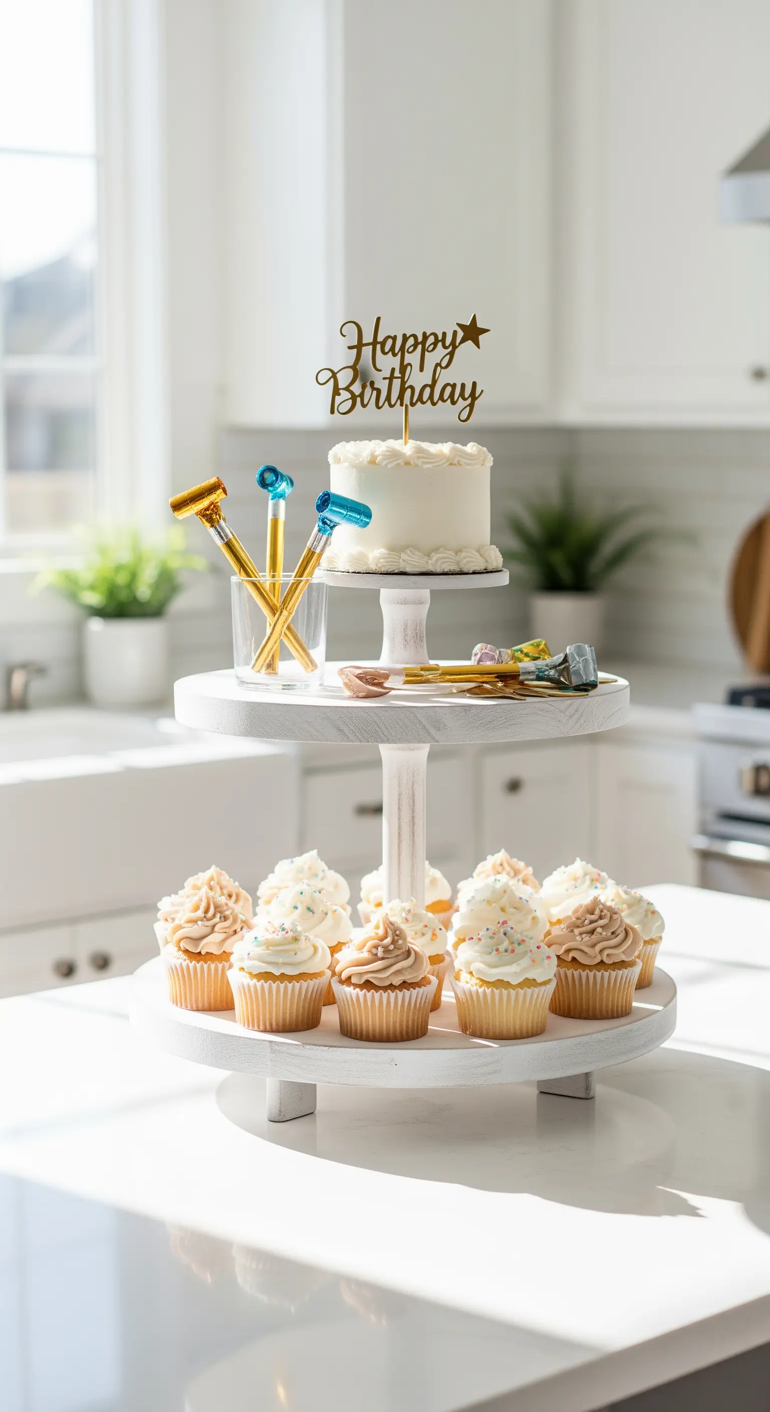 Weiße zweistöckige Etagere in einer hellen Küche, präsentiert einen Geburtstagskuchen und Cupcakes.