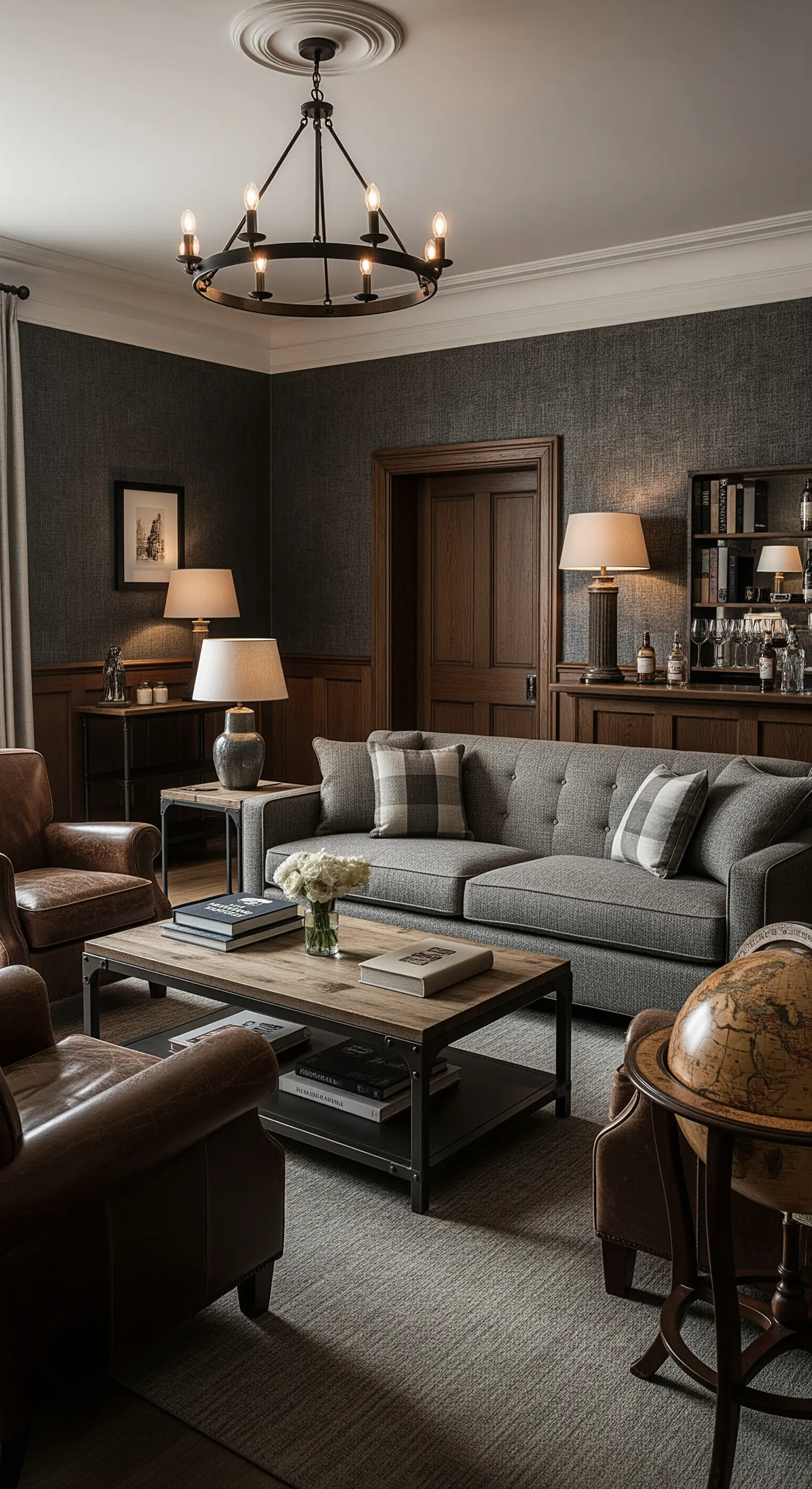 Klassisch-modernes Wohnzimmer mit dunkler Tapete, Holzvertäfelung und Ledersesseln.