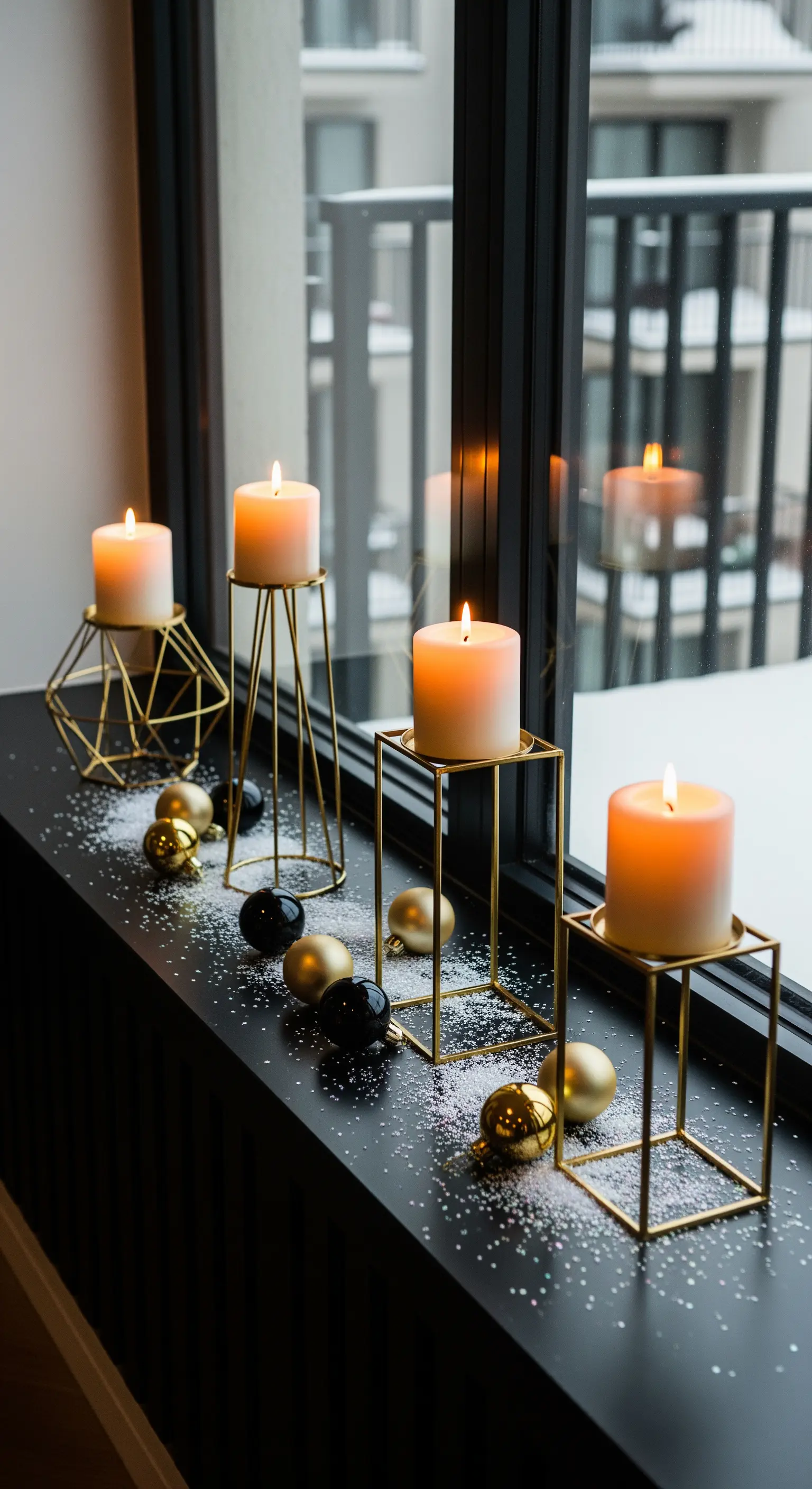 Moderne Fensterdeko mit Kerzen in goldenen Haltern auf schwarzer Fensterbank.