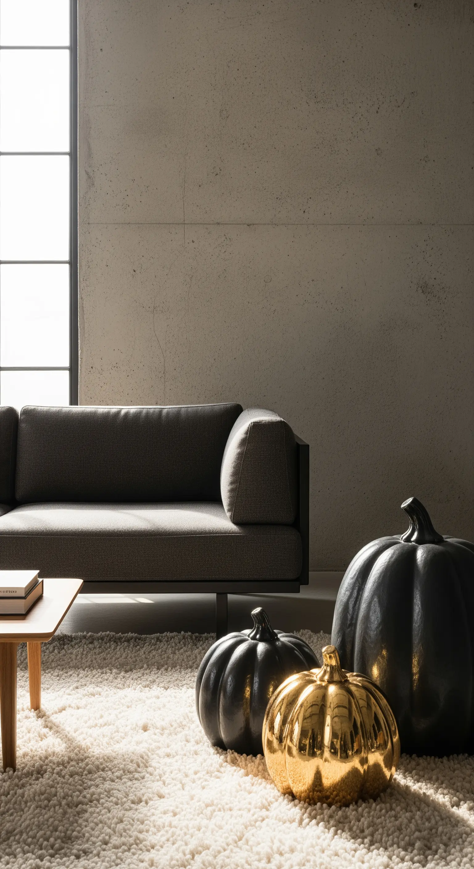 Wohnzimmer mit dunklem Sofa, flauschigem Teppich, großen dunkelgrauen und goldenen Keramikkürbissen.