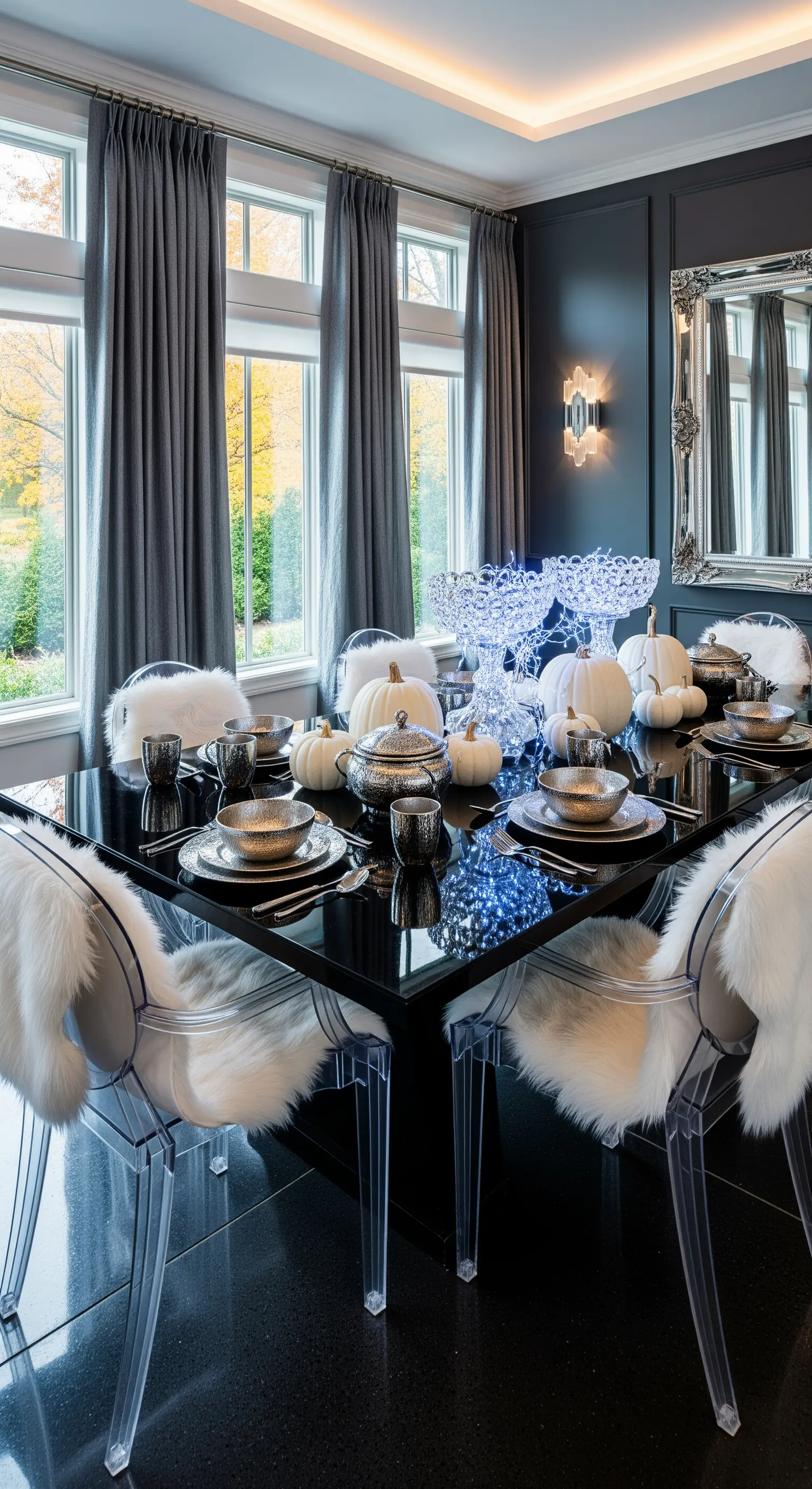 Luxuriöse Herbsttafel, schwarzer Tisch, weiße Kürbisse, Silber-Akzente, Ghost Chairs, Kunstfell.