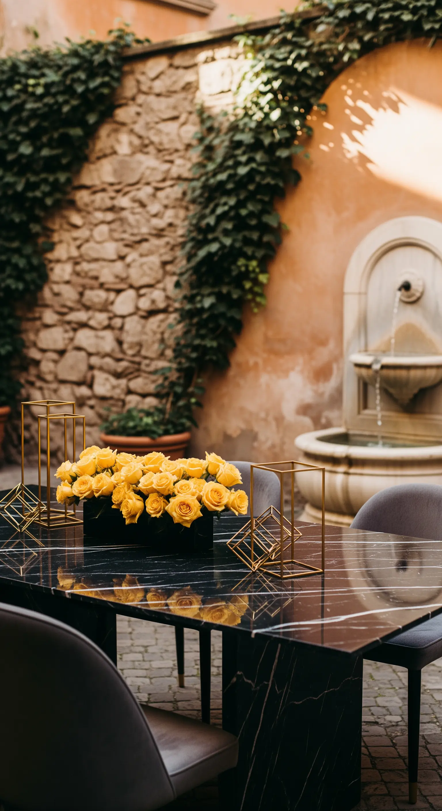 Schwarzer Marmortisch mit gelben Rosen und goldenen geometrischen Deko-Objekten.