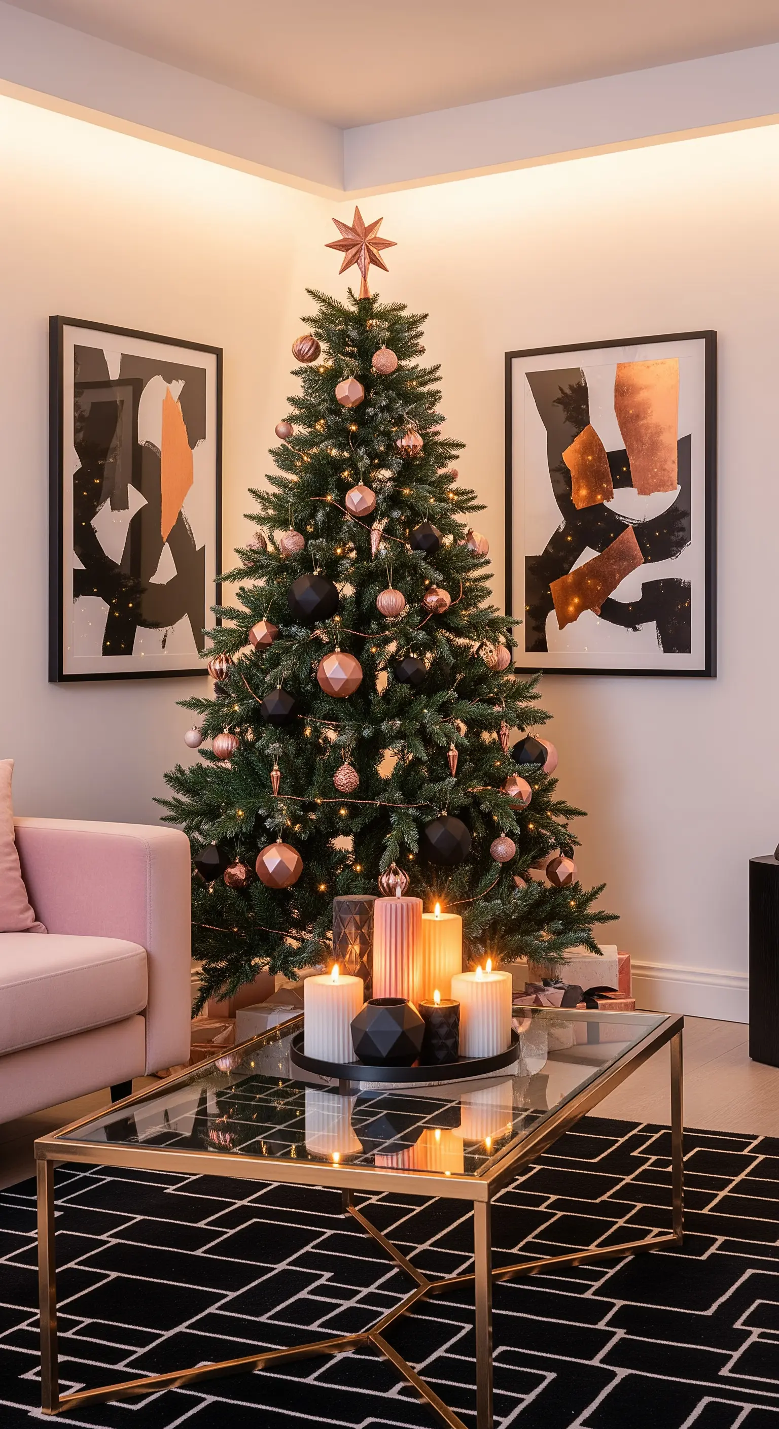 Roségoldene Weihnachtsdeko, schwarzer Teppich, Glamour, Kerzen