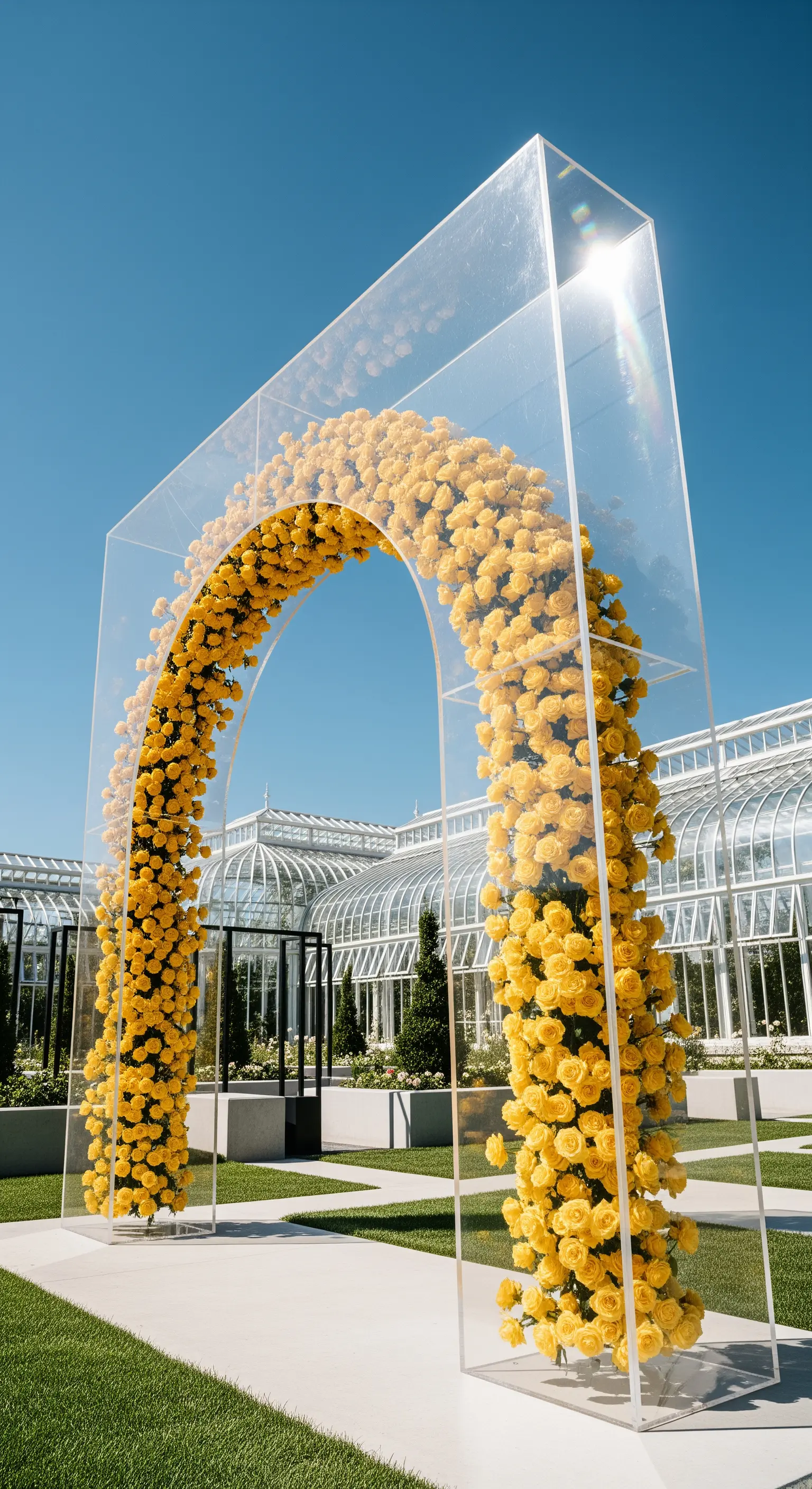 Moderner Glaskubus, der einen Innenbogen aus leuchtend gelben Rosen umschließt, vor einer futuristischen Architektur.
