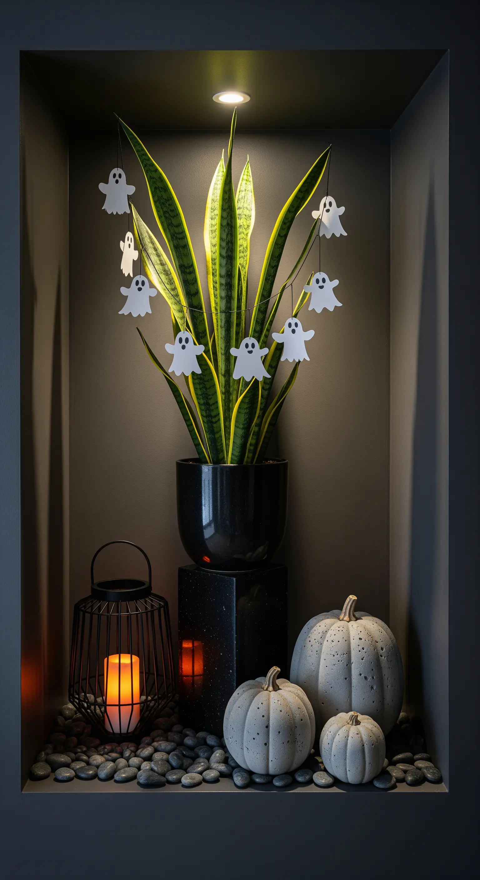 Halloween-Nische mit Pflanze, Betonkürbissen und Laterne auf Kieselsteinen.
