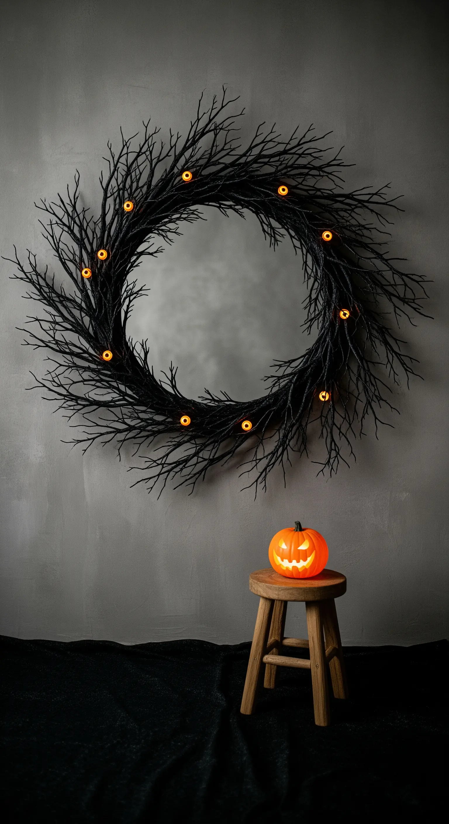 Runder Spiegel mit schwarzem Astkranz und leuchtendem Totenkopfkürbis auf Holzhocker