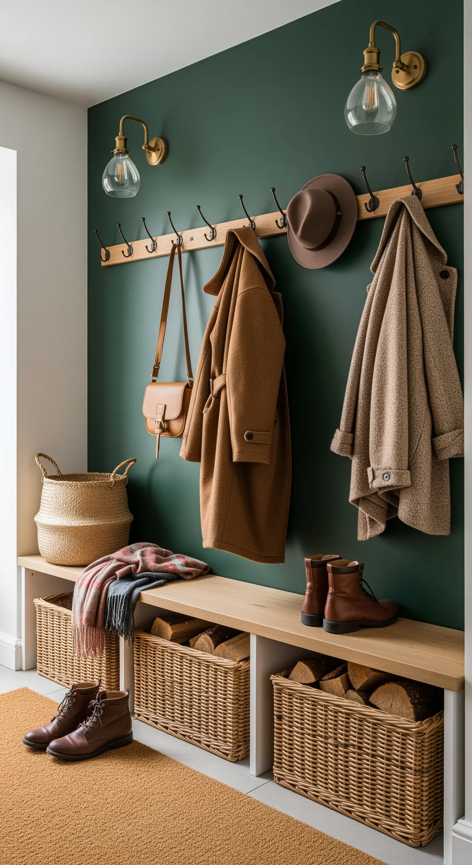 Grüner Flur, Holzbank, Flechtkörbe, Mäntel, Herbst